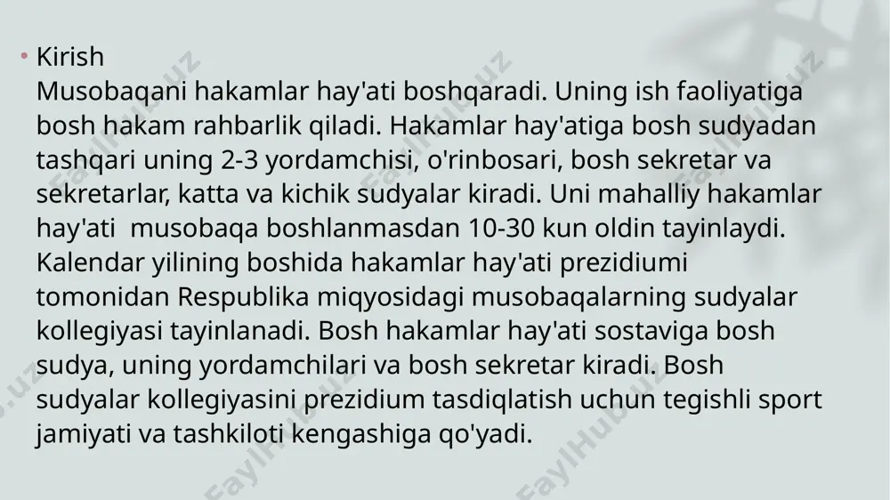 lik tadbirlarini o'tkazadi. jumladan, sudyalar kollegiyasining kengashi tayinlanadi va u qatnashuvchi komandalar vakillarining ishtirokida o'tkaziladi. kengashda musobaqani o'tkazish masalalari ko'rib chiqiladi, shuningdek, hakamlar hay'atining sostavi e'lon qilinadi, bellashuvda qatnashuvchi tashkilotlar vakillari hakamlar hay'atiga musobaqa o'tkazishdagi asosiy hujjat talabnoma (zayavka) va yozma talabnomalarni topshiradi. kengashning kun tartibiga mandat komissiyasi raisining musobaqaga qo'yilgan komanda sostavi a'zolari haqidagi axboroti kiritiladi. musobaqada qatnashuvchilar uchun qur'a tashlash komissiyasi tuziladi. 3. musobaqalarga hakamlik qilish. sudyalar kollegiyasi barcha masofalarga yozilgan talabnomalarga, zayavkalarga asosan to'ldirilgan kartochkalar bo'yicha suzishlarga qur'a tashlaydi: ayollar (qizlar) uchun alohida, erkaklar (bolalar va o'smirlar) uchun alohida. kartochkaga masofa va usul nomi, qatnashuvchining ismi, familiyasi, tug'ilgan yili va uning qaysi sport tashkilotiga mansubligi yoziladi. buning uchun joriy qilingan formada kartochka, bo'lmasa, 15x8 sm kattalikdagi qog'ozdan foydalanish mumkin. suzishlarga qur'a tashlash ikki usulda o'tkaziladi. birinchi usul-nizom bo'yicha musobaqada qatnashuvchilarning o'rni birinchi suzishdan so'ng aniqlanishi nazarda tutilgan holda qo'llaniladi. shu maqsadda har bir masofaga suzish natijalari taxminan …