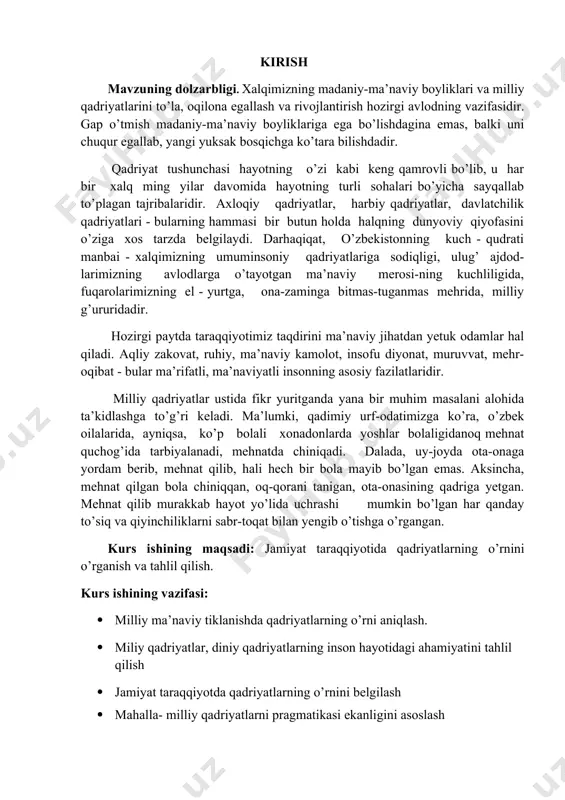davom etib kelmoqda. hayo, andisha, lafz, omonatga xiyonat qilmaslik, rostgo’ylik dini islomimizda ham, xalq tushunchasida ham mustahkam o’rin tutib kelgan. «hayo iymondandir», deyiladi muborak hadisi sharifda. ulug’ allomalarimiz o’z asarlarida bu xislatlarni komil inson fazilatlari sifatida ulug’lab kelganlar. “haromdan yiroq yurgin, tongla qiyomat kuni otashda kuymaysan», deya uqtiradi abduxoliq g’ijduvoniy. she’riyat sultoni alisher navoiy esa o’zining «mahbub ul-qulub» asarida: «odamiyning yaxshirog’i uldirkim, parso va pok bo’lgay va haq so’zni ayturda bevahmu pok bo’lgay. o’zi poku ko’zi pokni inson desa bo’lur, tili arig’ (nozik) va ko’ngli arig’ni musulmon desa bo’lur», deydi. o’zbek xalqining ma’naviy qiyofasi uning milliy xususiyatlari bilan go’zal va boshqa xalqlardan ham u o’zining ana shu xususiyatlari bilan ajralib turadi. milliy udumlar, urf-odatlar va an’analar xalq ma’naviyatini boyituvchi muhim omil ekanligi haqida gapirib, birinchi prizidentimiz i.a.karimov quyidagi fikrlarni bildirib o’tadi: “albatta, har qaysi xalq yoki millatning ma’naviyatini uning tarixi, o’ziga xos urf-odat va an’analari, hayotiy qadriyatlaridan ayri holda tasavvur …