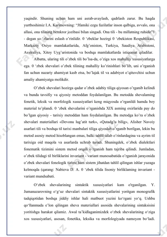 ‘chb къйък shax эккэ deptb (turk). shevalardan yozib olingan matnlarda turkiy izofalar keng qo‘llangan: m iymannarg‘a adras квгрэ tashladb. (qatagan) sam \ qou qbmmat oladb (iqon). lekin forsiy va arabiy izofalar kam qoilanadi. bunday iboralar tojik va o‘zbek xalqlari aralash yashagan joylardagi aholi nutqida uchrashi mumkin. 2. sheva matnlarida ko‘proq sodda gaplar qo‘llangan. shunday boisada, sodda gaplami har doim ham chegaralab olish qiyin. sheva matnlarida, ayniqsa, gap bo‘laklari inversiyasi ko‘p qayd qilinadi: въг kyn bbz kelduk hasan д ж а й н а . soura men oturdum chay ъсьър (samarq). matnlarda ko‘chirma gaplar faol qo‘llangan: кэ1 аййькь: -п ъ тэ berasan? ...fietbp аймькъ kom bssarg‘a: - bbzlar п ъ т э gunah qbldbq? matnlarda qo‘llangan qo‘shma gaplar ham murakkab xarakterga ega emas: в ы купъ 4 kbshb tyzd: qofibp otbrbshganakan, tyzd:ga ьъг kdtta 1эй1э:(к) blbnbptb (toshk.). qdzb ьэййъ kytbp otbravyrsbn, endbgb gappb bdftdan eshbtbq (toshk.). gaplarda kirish so‘zlar ko‘p qayd …