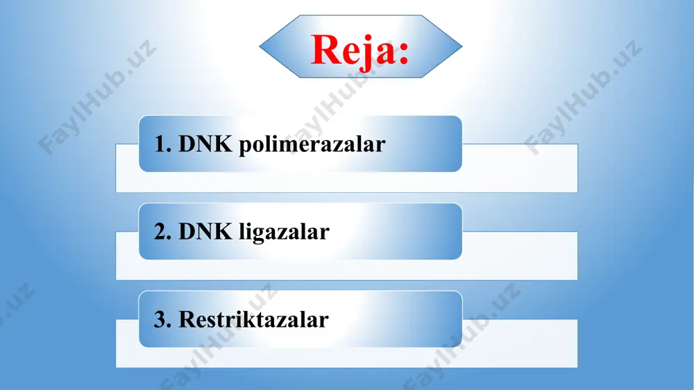 di. dnk polimeraza ii (dnk pol ii) mexanizmi shikastlangan dnk ketma-ketligini aniq tiklashni va dnk replikatsiyasi vaqtida genomik yaxlitlikni saqlashni ta'minlaydigan ferment hisoblanadi. ushbu mexanizm bir nechta muhim bosqichlarni va molekulyar o'zaro ta'sirlarni o'z ichiga oladi. dnk polimeraza reparatsiya jarayonida ishtirok etuvchi ferment hisoblanadi. dnk polimeraza 2 dnk polimeraza 3 prokariotik dnk replikatsiyasida ishtirok etadigan asosiy ferment kompleksidir. dnk polimeraza 3 sekundiga taxminan 1000 ta nukleotid tezligida tayanch juftlarni sintez qiladi. dnk polimeraza yuqori qayta ishlash qobiliyatiga ega shuning uchun dnk ni juda tez sintez qiladi. dnk polimeraza 3 o’n xil subbirlikdan tashkil topgan geterodimer fermentdir. shuningdek u nukleotidning polimerizatsiyasi uchun ham javobgardir. nukleazalar - nuklein kislotlar molekulalari gidrolizi reaksiyalarini katalizlovchi fermentlarning yirik guruhi. dnk yoki rnk molekulalari nukleazalar ta’sirida bo‘laklarga yoki alohida nukleotidlarga parchalanib ketadi. nukleazalarning hujayradagi dastlabki vazifasi – hayotiy jarayonning ayni vaqti uchun keraksiz bo‘lgan molekulalari (masalan, mrnk ni translyasiyadan so‘ng) degradatsiyasini va nuklein kislotlarni begona molekulalardan …