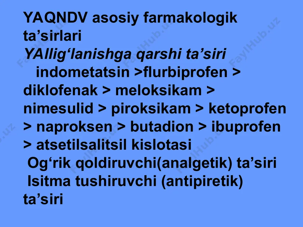 dalar-katexolaminlargasezgirretseptorlarmiqdoriortadi) plazminogenaktivatoribo‘gan siklooksigenazani ingibirlaydi 13 klinicheskaya farmatsiya v revmatologii gk farmakokinetikasi miy dayaxshiso‘riladi gistogematikto‘siqvashilliq qavatlardanto‘liqsingibo‘tadi(ftorlangangkdantashqari) jigardabiotransformatsiyadano‘ tadi 14 klinicheskaya farmatsiya v revmatologii biosinguvchanligi –og‘izorqaliqabulqilinganda50 dan 100% gacha –gk biosinguvchanligiga ovqatta‘sir qilmaydi –maxalliyqo‘llangandabiosinguvchanligi 30 dan90% gacha –antasidpreparatlargk biosinguvchanligini pasaytiradilar gk farmakokinetikasi 15 klinicheskaya farmatsiya v revmatologii gk farmakokinetikasi gk plasentarto‘siqdano‘tishi: gidrokortizon–67 %prednizolon–51 %deksametazon–2-3 % 17 klinicheskaya farmatsiya v revmatologii gk umumiyxarakteristikasipreparat qiyosiyyallig‘lanishgaqarshiaktivliginatriyniushlabqolishiekvivalentdoza(mg)biologikyarimchiqarilishdavri(s) qisqata‘sirgaegagidrokortizon 12+208-12 kortizon 0,82+258-12 prednizon 41+512-36 prednizolon 41+512-36 metilprednizolon 50412-36 triamsinolon 50412-36 uzoqta‘sirgaegabetametazon 20-3000,636-54 deksametazon 20-3000,7536-54 21 klinicheskaya farmatsiya v revmatologii gk nojo‘yata‘siri miygata‘siri: -ulserogenta‘sir(pepsin vame‘da shirasimiqdoriniortiqchastimullaydi) -dispepsiya(ko‘ngilaynishi, qusish) 18 klinicheskaya farmatsiya v revmatologii gk nojo‘yata‘sirlari katabolik: -osteoporoz(vitamindningkalsiyso‘rilishiga ta‘sirinikamaytiradi) -mushakmassasiningkamayishi-holsizlik-bolalarningo‘sishivajinsiyrivojlanishini ushlanibqolishi -bo‘g‘imtog‘ayimetabolizminingsusayishi-gipovitaminoz(d, a, e, b c ) 20 klinicheskaya farmatsiya v revmatologii gk nojo‘yata‘siri mns gata‘siri: -eegda-ritmsekinlashadi-miyaichibosiminingoshishi-kayfiyatningbeqarorligi(eyforiya, depressiya, psixoz) 24 klinicheskaya farmatsiya v revmatologii ko‘rsatmalar yallig‘lanuvchi, allergikvaautoimmunkasalliklar(biriktiruvchito‘q‘imaningdiffuzkasalliklari,gemolitikanemiya,