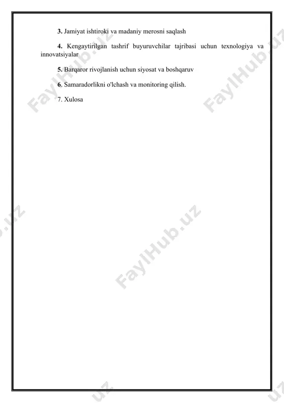oniyatlarini o'rganadi. texnologik yutuqlar va innovatsion amaliyotlar turizm va atrof-muhit o'rtasidagi simbiotik munosabatlarni rivojlantirish uchun instrumental vositalar sifatida ko'rib chiqiladi. mahalliy ishtirok kontseptsiyasi turizmni rejalashtirish va qarorlar qabul qilishda inklyuzivlikning muhimligini ta'kidlab, markaziy o'rinni egallaydi. turli yo'nalishlardan olingan amaliy tadqiqotlar orqali referat jamoatchilik ishtirokining muvaffaqiyatli modellarini ko'rsatadi va manfaatdor tomonlar o'rtasidagi hamkorlik qanday qilib barqaror va madaniy jihatdan sezgir turizm amaliyotlariga olib kelishiga oydinlik kiritadi. hujjat, shuningdek, muammolarni ko'rib chiqadi va samarali mahalliy ishtirok etish uchun to'siqlarni bartaraf etish bo'yicha tavsiyalar beradi. ko'nikmalarni rivojlantirish va salohiyatni oshirish jamiyat imkoniyatlarini kengaytirishning asosiy komponentlari sifatida namoyon bo'ladi. annotatsiyada mahalliy hamjamiyatlarni o'qitish dasturlariga sarmoya kiritish, ularni turistik korxonalarda faol ishtirok etish va boshqarish uchun zarur mehmondo'stlik ko'nikmalari va ishbilarmonlik qobiliyati bilan jihozlashning ahamiyati muhokama qilinadi. ko'nikmalarni rivojlantirish, jamoatchilik ishtiroki va barqaror turizm tashabbuslarining umumiy muvaffaqiyati o'rtasidagi ijobiy bog'liqlik haqiqiy misollar orqali o'rganiladi. madaniy merosni muhofaza qilish yana bir muhim mavzu bo‘lib, mahalliy an’analar, …