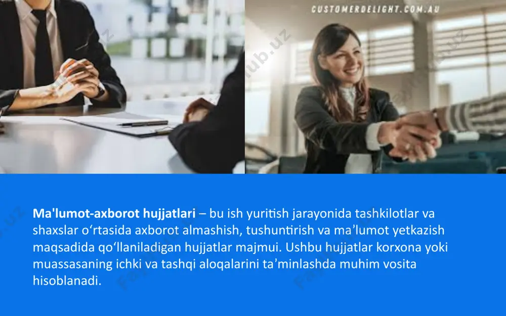 shqi aloqalarini tartibga solishga xizmat qiladi. to‘g‘ri tayyorlangan va ishlatilgan ma'lumot-axborot hujjatlari tashkilotning samaradorligini oshiradi, intizomni mustahkamlaydi va har qanday faoliyatni huquqiy jihatdan asoslab beradi. shu sababli, ma'lumot-axborot hujjatlarini to‘g‘ri yuritish tashkilotning muvaffaqiyati va barqarorligida katta rol o‘ynaydi. adabiyotlar 1. tuxliev, a. (2009). "ish yuritish va hujjatlarni boshqarish". toshkent: o‘zbekiston universiteti nashriyoti. 2. sodiqov, t. (2016). "rasmiy hujjatlar va ularni yuritish". toshkent: "o‘qituvchi" nashriyoti. 3. abdullayev, f. (2011). "ish yuritish asoslari". toshkent: o‘zbekiston milliy universiteti nashriyoti. 4. qosimov, b. (2014). "hujjatlarni boshqarish va hujjat aylanishi". toshkent: "shark" nashriyoti. 5. ismailova, z. (2017). "axborot tizimlari va hujjatlar boshqaruvi". toshkent: akademnashr. image1.jpeg image2.jpeg image3.jpeg image4.jpeg image5.jpeg image6.jpeg image7.jpeg image8.jpeg image9.jpeg image10.jpeg /docprops/thumbnail.jpeg