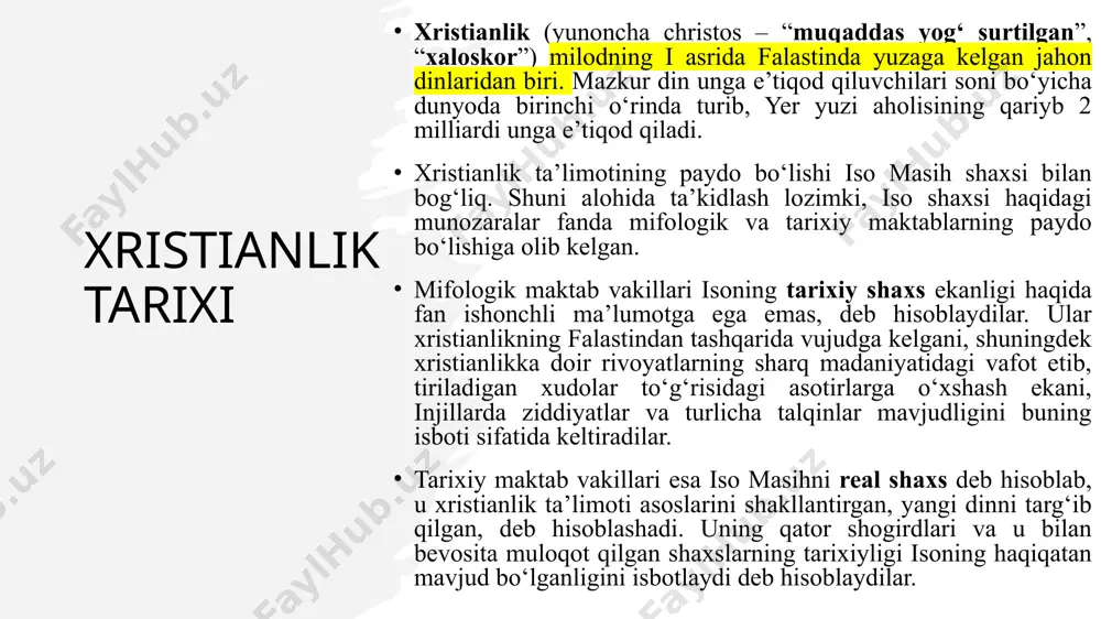 olida” xristianlikning ta’limot asoslari 12 bandda belgilandi. xristianlikning 12 ta’limoti 1. olamni yaratgan yagona ota–xudo – muqaddas uchlikning birinchi yuzi haqida; 2. o‘g‘il–xudo, ya’ni iso masihga imon keltirish haqida; 3. ilohiy mujassamlashuv, ya’ni iso xudo bo‘la turib, bokira bibi maryamdan tug‘ilgan va inson qiyofasiga kirganligi haqida; 4. gunohlar kechirilishi – isoning tortgan azoblari va o‘limi tufayli xudo tomonidan insoniyatning barcha gunohlari kechirilishi haqida; 5. isoning qayta tirilganligi haqida; 6. isoning meroji haqida; 7. isoning nuzuli (kelajakda ikkinchi marotaba yerga qaytishi) haqida; 8. muqaddas ruhga imon keltirmoq borasida; 9. cherkovga yagona, muqaddas, havoriylar (apostollar) cherkovi sifatida munosabatda bo‘lish haqida; 10. cho‘qintirish sirli marosimning gunohlardan forig‘ qilishi haqida; 11. o‘lganlarning ommaviy tirilishi haqida; 12. abadiy hayot haqida. xristianlik ta’limoti xristianlik aqidasiga ko‘ra, xudo iso masih inson qiyofasida yerga tushib, odamlar gunohlarini yuvish maqsadida azob tortib, o‘ladi. isoning odamlar gunohini yuvish maqsadida o‘zini ixtiyoriy tarzda qurbon qilganligi va odamzotning osiyligiga (gunohkor bandalar ekanligiga) …
