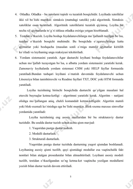 yoki zamonaviy yuqoridan - pastga qarab testlash. quyidan - yuqoriga qarab testlash. bu usul keng tarkalgan usul bo’lib, unda eng kuyu pog’onadagi boshlangich yozilgan modullar tekshiriladi. so’ngra yuqori qatlamdagi elementlar dasturlanadi va testlanadi. bu jarayon to yozilgan dastur butunlay yakunlanmaguncha davom etadi. quyidan - yuqoriga qarab testlash usuli xozirgi vaqtda yuqoridan - pastga qarab testlovchi va dasturchilvr tomonidan qo’llanmayapti. ularni fikricha bu usulda interfeys va algoritmdagi ko’pgina xatolar aniqlanmay qolib ketmokda. bu esa dasturni qayta-qayta o’zgartirishdan so’ng buzishga olib keladi. ikkinchi kamchiligi esa: har xil pog’onadagi elementlarni testdan o’tkazishda yangidan yangi testlovchi moslamalarni, drayverlarni va testlovchi ma`lumotlarni talab qilmoqda. bu esa o’z-o’zidan dasturlashda katta hajmda mehnat talab qiladi. yuqoridan pastga jarayoni. bu testlash usuli yuqoridan pastga qarab dasturlashni, yuqoridan pastga qarab kodlashni qo’shimcha bosqichi hisoblanadi. bu usulda oldin asosiy dastur yoziladi va so’ngra past pog’onadagi loyihalanmagan elementlar urin bosuvchi dasturlar bilan almashtiriladi. bunday skeletli dastur chaqiriluvchi dastur va har qanday …