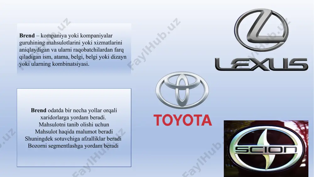 qadriyatlar.) brend nomini tanlash. (tanlash, himoya qilish) brend homiyligi (ishlab chiqarish markasi, xususiy brend, litsenziyalash, birgalikda brending) brendni ishlab chiqish, (qator kengaytmalari, tovar kengaytmalari, multibrendlar, yangi brendlar) brend joylashuvi marketologlar o'z brendlarini maqsadli mijozlar ongiga aniq joylashtirishlari kerak. ular brendlarni har qanday uchta darajaga joylashtirishi mumkin: mahsulot sifatlari, kerakli foyda, kuchli e'tiqod va qadriyatlar. whirlpool o'zining asosiy maishiy texnika mahsulotlarini sifat, tanlash, uslub va innovatsion xususiyatlar kabi atributlarga joylashtirishi mumkin. whirlpool kir yuvish mashinasini "ko'proq ishni bajarish qudratiga" ega deb topdi. ishuningdek, brendlar fedex (o'z vaqtida etkazib berish kafolatlangan), walmart (pulni tejash) va instagram (lahzalarni yozib olish va almashish). whirlpool mijozlar hayotida va munosabatlarida o'ynaydigan qiymat bilan bog'liq chuqurroq ma'noga ega. shunday qilib, whirlpool kompaniyasi whirlpool texnikalari yordamida sizga yoqadigan odamlarga g'amxo'rlik qilishning iliq his -tuyg'ulariga asoslangan "har kuni, g'amxo'rlik" deb nomlangan yirik kampaniyadir. 1. u mahsulotning afzalliklari va sifatlari haqida biror narsa taklif qilishi kerak, (beautyrest, snapchat) 2. talaffuz …
