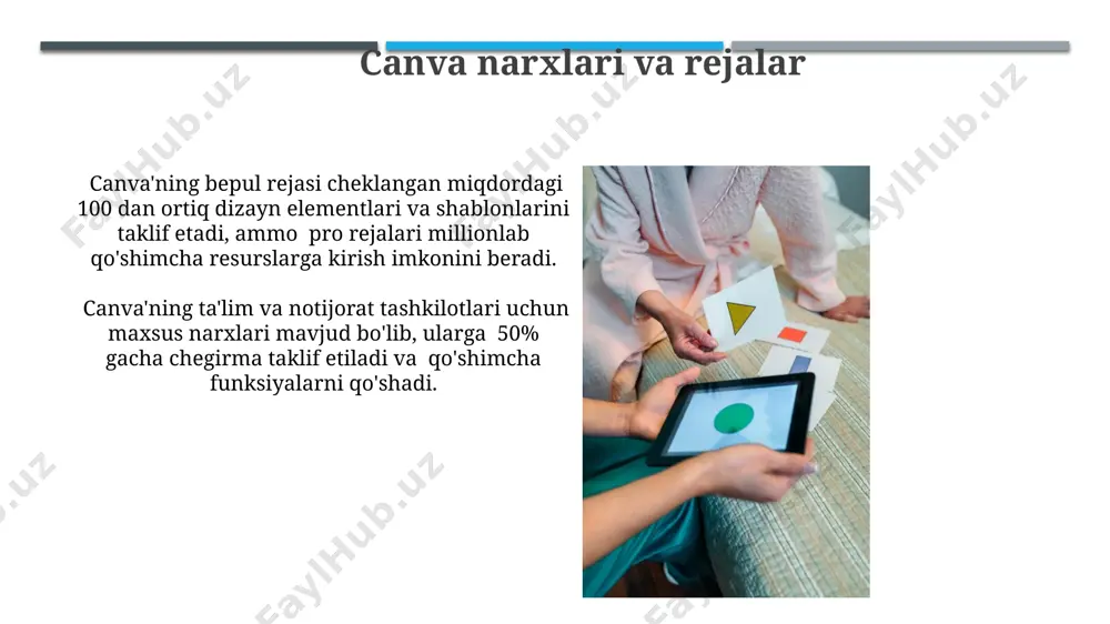 tegratsiyani ta'minlaydi. platformada 5000 dan ortiq bepul va pullik grafik elementlar, shriftlar va fotosuratlar mavjud bo'lib, bu ijtimoiy tarmoqlar uchun professional dizaynlar yaratish imkoniyatini beradi. canva shablonlari canva shablonlaridan foydalanib, har qanday tajribaga ega foydalanuvchi, o'rtacha 15 daqiqada professional ko'rinishdagi vizual kontentni yaratish imkoniyatiga ega bo'ladi, bu esa dizayn sohasida boshlang'ich bilimlarga ega bo'lmaganlar uchun ham qulaydir. canva shablonlari yordamida 100 dan ortiq turli xil dizaynlarni, jumladan, ijtimoiy media postlari, prezentatsiyalar va boshqalarni yaratish mumkin, bu esa vaqtni sezilarli darajada tejaydi va samaradorlikni oshiradi. canva grafik turlari canva'da vektor grafikalar, raster grafikalar, fotosuratlar, illyustratsiyalar va animatsion elementlar kabi turli xil grafik elementlarni ishlatish mumkin bo'lib, ularning har biri loyiha murakkabligiga qarab 1000 dan ortiq variantlarga ega. canva 100 dan ortiq turdagi grafik dizayn shablonlarini, shu jumladan, 20 ga yaqin turdagi ijtimoiy media postlari, 15 ta turdagi prezentatsiya dizaynlari va 50 dan ortiq turdagi hujjat shablonlarini taklif etadi. e'tiboringiz uchun rahmat …