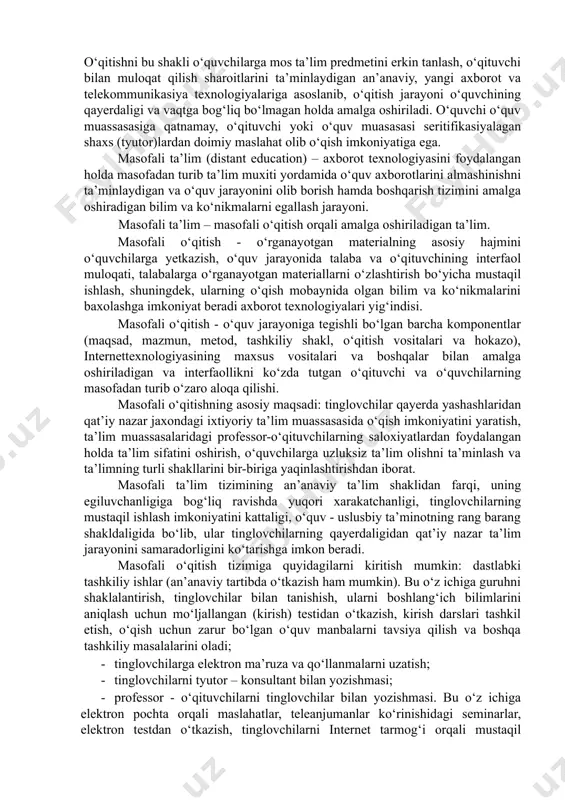 in kredit kartochkangizni raqamini kiritishingiz zarur. muzoqara asosan elektron pochta orqali amalga oshiriladi. o‘qish jarayonida talaba darsliklardan,elektron kutubxona va darsliklardan, elektron formulalardan, videokonferensiyalardan foydalanadi. bunda o‘qish indvidual shaklda olib briladi. masofali o‘qitish (mo‘) – axborot-kommunikatsion texnologiya (kompyuterlar, telekommunikatsiya, multimedia) vositalari va ilmiy asoslangan o‘qitish usullarini qo‘llab ta’lim (kunduzgi, sirqi, eksternat) olish shaklidir. o‘qitishni bu shakli o‘quvchilarga mos ta’lim predmetini erkin tanlash, o‘qituvchi bilan muloqat qilish sharoitlarini ta’minlaydigan an’anaviy, yangi axborot va telekommunikasiya texnologiyalariga asoslanib, o‘qitish jarayoni o‘quvchining qayerdaligi va vaqtga bog‘liq bo‘lmagan holda amalga oshiriladi. o‘quvchi o‘quv muassasasiga qatnamay, o‘qituvchi yoki o‘quv muasasasi seritifikasiyalagan shaxs (tyutor)lardan doimiy maslahat olib o‘qish imkoniyatiga ega. masofali ta’lim (distant education) – axborot texnologiyasini foydalangan holda masofadan turib ta’lim muxiti yordamida o‘quv axborotlarini almashinishni ta’minlaydigan va o‘quv jarayonini olib borish hamda boshqarish tizimini amalga oshiradigan bilim va ko‘nikmalarni egallash jarayoni. masofali ta’lim – masofali o‘qitish orqali amalga oshiriladigan ta’lim. masofali o‘qitish - o‘rganayotgan materialning asosiy …
