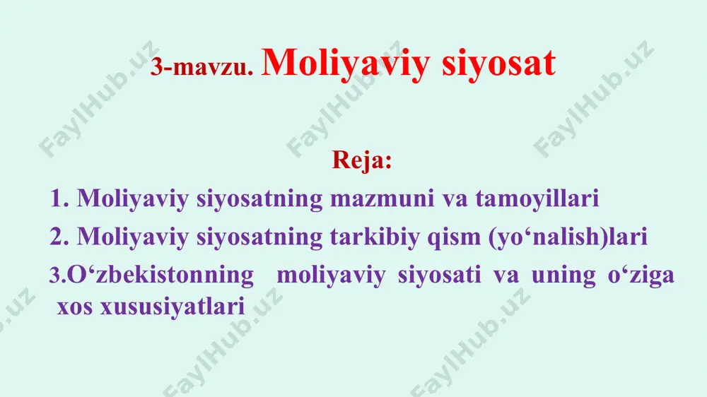 ga oshirish uchun tegishli moliyaviy resurslar bilan ta’minlashga qaratilgan; ... ni faqat iqtisodiy siyosatga bog’lab qo’yish maqsadga muvofiq emas; o’z-o’zini bosib turuvchi mustaqil ahamiyatga ega bo’lib, bir vaqtning o’zida ijtimoiy faoliyatning har qanday sohasida davlat siyosatini amalga oshirishning muhim vositasi hisoblanadi; bu yerda uning iqtisodiyot, ijtimoiy soha, harbiy islohotlar yoki xalqaro munosabatlar bo’lishi tamoyillar ahamiyatga ega emas. moliyaviy siyosat moliyaning o’zida (boshqaruv obyektlarida) bevosita mujassam bo’lgan boshqaruvning salohiyatli imkoniyatlarini, ishning aniq metodlari, moliya tizimining (boshqaruv subyektlari) organlarini tashkil qilish bilan yagona joyga bog’lashga imkon beradi. dunyoning barcha mamlakatlarida moliya tizimi orqali amalga oshirilib, uning faoliyati quyidagi tamoyillar asosida quriladi moliyaviy tizim bo’g’inlarining o’ziga xos bo’lgan xususiyatlarini inobatga olib moliyaviy boshqaruvni amalga oshirish barcha moliyaviy muassasalar funksiyalarining umumiyligi barcha quyi boshqaruv organlarining faol ishtirokida markazdan umumiy boshqarish moliyaviy siyosatni amalga oshirishning asosiy metodologik tamoyillari pirovard maqsadga bog’liqlik xo’jalik barcha tarmoqlarining makroiqtisodiy balans-lashtirilganligi (muvozanatliligi, mutanosibligi) jamiyat barcha a’zolarining manfatlariga mos kelishi moliyaviy …