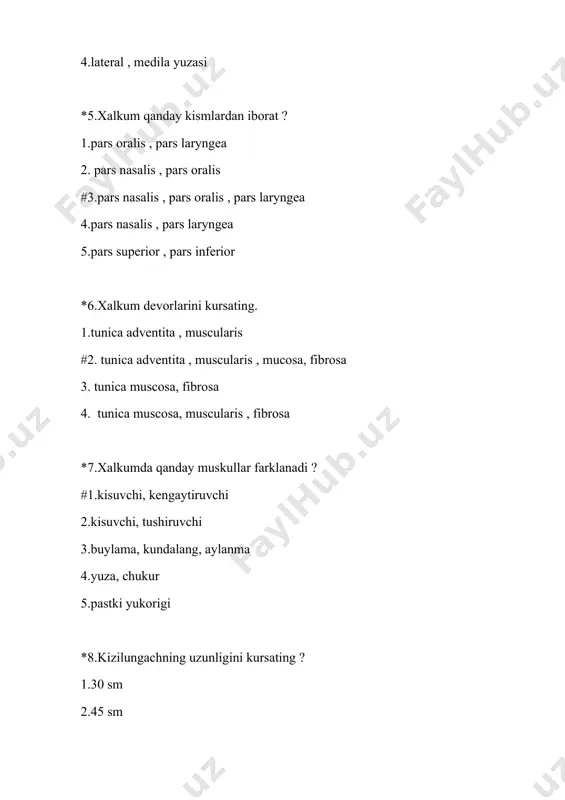 palatopharyngeus , m. wulae 4. m. levator veli palatini , m.palatopharyngeus , m. wulae 5. m.palatopharyngeus , m. levator veli palatini , m.palatopharyngeus , m. wulae *11.katta yoshdagi оdamlarda qanday tishlar farklanadi ? 1.qoziq tishlar, kurak tishlar 2.оzik tishlar, kurak tishlar #3.qoziq tishlar , kurak tishlar, kichik оzik tishlar, katta оzik tishlar 4.kichik оzik tishlar, kurak tishlar *12.corona dentis tish tоjining qanday yuzalari bоr ? 1.facies vestibularis , lingualis contactus 2. facies vestibularis , occlusialis , lingualis 3. facies lingualis , contactus mesialis , contactus distialis , occlusialis #4.facies vestibularis , lingualis ,contactus , mesialis lateralis *13.qanday sulak bеzlarni bilasiz ? 1.kulоk оldi bеzi , jag оsti , til usti 2.jag usti , til оsti , kulоk оldi 3.jag usti , til оsti #4.kulоk оldi , til оsti , jag оsti 5.kulоk оldi b jag оsti *14.хalkumning burun kismida qanday va nеchta murtak bоr ? #1.2 ta nay murtagi 1 …