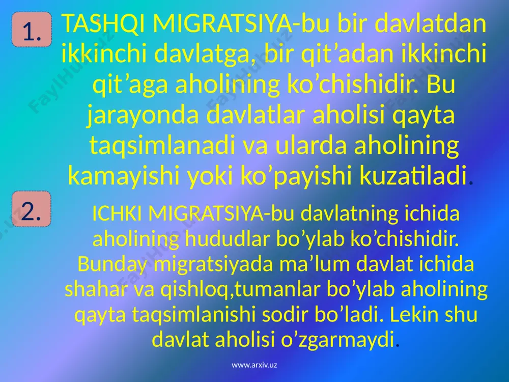 mutaxasislar ham intiladilar. bu mutaxasislar dunyoni turli dvlatlaridn kelishadi. shu sababli aqsh o’zining zamonaviy fan-texnikaga asoslangan tarmoqlarini yuqori malakali mutaxasislarga bo’lgan ehtiyojini kadrlar tayyorlashga katta xarajatlar qilmasdan taminlanadi. argentina-xozirda bu mamlakatda yuzaga kelgan qulay iqtisodiy vaziyat qo’shni mamlakatlardan arzon ishchi kuchini o’ziga jalb qilmoqda. avstraliya ham rivojlangan mamlakatlardan. bu yerga janubiy-sharqiy osiyodan, hindistondan ishchi migrantlar kelmoqda. www.arxiv.uz i 23 hozirda o’zbekistonda jahon mehnat bozorida faol qatnashishni ta’minlavchi tashkiliy-xuquqiy asoslar shakllanmoqda va bu sohadagi davlat siyosati amalga oshirilmoqda. chunki hozirgi paytda butun dunyoda ro’y berayotgan ,,odam savdosi’’ muxim muammolardan biridir. bu muammodan o’zbekiston ham chetda qolmadi. har yili mamlakatimizda qanchadan-qancha begunoh insonlar aldov qurboni bo’lishmoqda. buni oldini olish uchun mamlakatimizda mamlakatga kelish va mamlakatdan chiqib ketish to’g’risidagi, xorijda ishlayotgan fuqorolarimizni xuquq va manfaatlarini himoya qilish to’g’risidagi qonun loyhalari tayyorlanmoqda. www.arxiv.uz o’zbekistonda tashqi migratsiya sohasidagi siyosatni tashkiliy jihatdan taminlash ishlari ham amalga oshirilmoqda. shu maqsadda mehnat vazirligi qoshida muhojir-mehnatkashlar ishlari bo’yicha respublika …