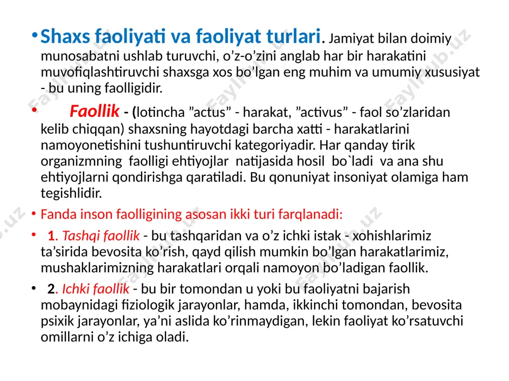 iy faollik turlari bo’yicha tabaqalashdir. bu —muloqot, o’yin, o’qish va mehnat faoliyatlaridir. muloqot—shaxs individual rivojlanishi jarayonida namoyon bo’ladigan birlamchi faoliyat turlaridan biri. bu faoliyat insondagi kuchli ehtiyojlardan biri —inson bo’lish, odamlarga o’xshab gapirish, ularni tushunish, sevish, o’zaro munosabatlarni muvofiqlashtirishga qaratilgan ehtiyojlaridan kelib chiqadi. shaxs o’z taraqqiyotini aynan shu faoliyat turini egallashdan boshlaydi va nutqi orqali (verbal) va nutqsiz vositalar (noverbal) yordamida boshqa faoliyat turlarini mukammal egallashga zamin yaratadi. o’yin—shunday faoliyat turiki, u bevosita biror moddiy yoki ma’naviy ne’matlar yaratishni nazarda tutmaydi, lekin uning jarayonida jamiyatdagi murakkab va xilma-xil faoliyat normalari, harakatlarning simvolik andozalari bola tomonidan o’zlashtiriladi. bola toki o’ynamaguncha, kattalar xatti-harakatlarining ma’no va mohiyatini anglab yetolmaydi. o’qish faoliyati ham shaxs kamolotida katta rol o’ynaydi va ma’no kasb etadi. bu shunday faollikki, uning jarayonida bilimlar, malaka va turli ko’nikmalar o’zlashtiriladi. mehnat qilish ham eng tabiiy ehtiyojlarga asoslangan faoliyat bo’lib, uning maqsadi albatta biror moddiy yoki ma’naviy ne’matlarni yaratish, jamiyat taraqqiyotiga hissa …