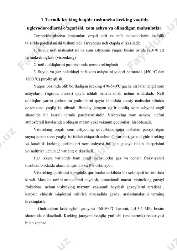 mazut visbreking gazoyl frakstiyasi uchun visbreking mazutni vakuumli haydash gazoyllarni ajralishi , kerosin chiqish miqdorini oshirish maqsadida gazoyl aralashmalarini terming krekinglash. gudronlarni krekinglash jarayoni 460-5000c harorat, 1,4-3,5 mpa bosim sharoitida o’tkaziladi. kreking jarayoni issiqliq yutilishi (endotermik) reakstiyasi bilan kechadi. ko’rsatgichlar уеngil neft mazuti уеngil neft gudroni neftning yarim gudroni mahsulot chiqishi % (mass) vodorod sulfid 0,2 0,3 - c4 gacha bo’lgan gazlar 2,1 2,2 0,8 c5 va c6 frakstiyalar 1,4 1,3 - с7 va 1850c frakstiyalar 4,7 4,6 5,6 185-3700c frakstiya 10,7 - - qoldiq (0c) 80,9 - - qoldiq (0c) - 91,6 92,6 jami : 100,0 100,0 99,0 visbrekingdan olingan benzin frakstiyalari oktan soni 58-68 oralig’ida bo’ladi. benzin va kerosin frakstiyalari tarkibida oltingugurt miqdori xom ashyoga nisbatan kam bo’ladi. olingan frakstiyalarni gidrotozalashga to’g’ri keladi. 2. kreking jarayonida uglevodorodlarning termik o’zgarishi alkenlarning o’zgarishi: alkanlarning termik reakstiyasi natijasida past alken va alkanlar hosil bo’ladi. alkanlarning termik parchalanish reakstiyasi mexanizmi radikal – …