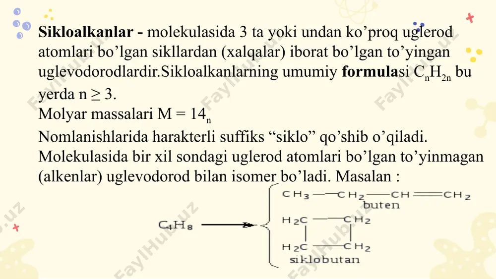 ar birikish reaksiyasiga mutlaqo kirishmaydilar. alkanlar odatdagi sharoitda sulfat kislota bilan ta’sirlashmaydi, ammo yuqori temperaturada oksidlanadi va sulfobirikmalar hosil qiladi. sulfolash reaksiyalari alkanlarning molekulasida uchlamchi uglerod atomi bo’lsa osonroq ketadi. sanoatda to’yingan uglevodorodlarning sulfo birikmalari sulfolash reaksiylari bilan emas balki sulfoxlorlash va sulfo oksidlash reaksiyasi yordamida olinadi. different materialities despite being red, mars is a cold place paper venus is the second planet from the sun wood it’s the biggest planet in the solar system plastic metal saturn is a gas giant and has several rings alkanlar odatdagi sharoitda havo kislorodi bilan ham, kuchli oksidlovchilar bilan ham oksidlanmaydi. faqat yuqori temperaturada kaliy permanganat (kmno4) va kaliy bixromat (k2cr2o7) ta’sirida alkanlar oksidlanib, turli xil molekulyar massadagi organik kislotalarga va karbonat angidrid (co2) gacha parchalanadilar. i. bulardan tashqari oksi va ketokislotalar, spirtlar, aldegidlar va ketonlar ham hosil bo’ladi.shuni ta’kidlash lozomki, quyi molekulyar uglevodorodlar yuqori molekulyar uglevodorodlarga nisbatan qiyin oksidlanadi. to’yingan uglevodorodlar havo …