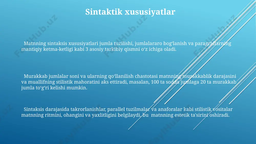 sus belgilar bilan ajralib turadi. narxativ matnlar, 1-ilova, 2-ilova kabi raqamli belgilar bilan belgilanadigan qo'shimchalar, jadvallar, formulalar va boshqa elementlarni o'z ichiga olishi mumkin va ma'lum bir ma'lumotni aniq va ixcham tarzda yetkazishga qaratilgan. matn turlarini 3 asosiy toifaga: badiiy, ilmiy va publisistik matnlarga bo'lish mumkin, ularning har biri o'ziga xos til vositalari va uslubiy xususiyatlariga ega bo'lib, o'rtacha 1000 so'zdan iborat bo'lishi mumkin. matnning ta'rifi va tavsifi matnning asosiy xususiyatlaridan biri - uning koherentligi (izchilligi) va koherentiyasi (bog'liqligi) bo'lib, bu fikrlarning mantiqiy ketma-ketligi va o'zaro bog'lanishini bildiradi, masalan, 3 xil bog'lovchi so'zlar qo'llanishi mumkin. turli xil matn turlarining (hikoya, xabar, maqola) o'ziga xos xususiyatlari bor: ularning uslubi, til birliklari va tuzilishi har xil bo'lishi mumkin, masalan, rasmiy va norasmiy tillarning farqini 2-3 misolda ko'rsatish mumkin. matn 1 yoki undan ortiq gaplardan tashkil topgan bo'lib, ma'lum bir mavzu atrofida qurilgan va o'ziga xos grammatik tuzilishga ega bo'ladi, odatda 5 dan …