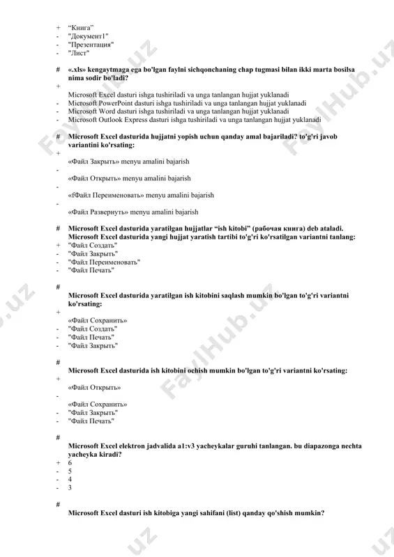 lgan to'g'ri variantni ko'rsating: + «файл сохранить» - "файл создать" - "файл печать" - "файл закрыть" # microsoft excel dasturida ish kitobini ochish mumkin bo'lgan to'g'ri variantni ko'rsating: + «файл открыть» - «файл сохранить» - "файл закрыть" - "файл печать" # microsoft excel elektron jadvalida a1:v3 yacheykalar guruhi tanlangan. bu diapazonga nechta yacheyka kiradi? + 6 - 5 - 4 - 3 # microsoft excel dasturi ish kitobiga yangi sahifani (list) qanday qo'shish mumkin? + sahifa nomiga sichqoncha o'ng tugmasini bosing va paydo bo'lgan menyudan “вставить” amalini tanlang - sahifa nomiga sichqoncha o'ng tugmasini bosish va kontekst menyusidan “цвет ярлычка” amalini bajarish orqali - sahifa yorlig'iga sichqoncha o'ng tugmasini bosib va kontekst menyusidan “удалить” amalini tanlash bilan - sahifa nomiga sichqoncha o'ng tugmasini bosish va kontekst menyusidan “переместить скопировать” amalini bajarish orqali # microsoft excel dasturi ish kitobidagi sahifani (list) qanday o'chirish mumkin? + sahifa yorlig'iga sichqoncha o'ng tugmasini bosib …