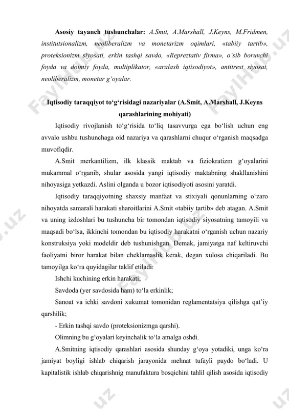 alga oshdi. a.smitning iqtisodiy qarashlari asosida shunday g‘oya yotadiki, unga ko‘ra jamiyat boyligi ishlab chiqarish jarayonida mehnat tufayli paydo bo‘ladi. u kapitalistik ishlab chiqarishnig manufaktura bosqichini tahlil qilish asosida iqtisodiy taraqqiyotning muhim omili mehnat taqsimotidir, degan xulosaga keldi va buni o‘z tadqiqotlarining boshlang‘ich punkti deb qabul qildi. smit iqtisodiyotda davlat sektorining samarasizligini ko‘rsatib, «hukumat har doim va istiznosiz buyuk isrofgarchidir» deydi. shu sababli davlatning faqat uch funksiyasi tan olinadi: 1) huquq-tartibot; 2) mamlakat havfsizligini ta’minlash; 3) jamiyatga zarur bo‘lgan (ammo xususiy sektor tomonidan tuzilmagan) ijtimoiy korxona va muassasalarni ta’minlash. smit zamonaviy davlatning soliq siyosatining nazariy asoslarini yaratdi. soliqlar fuqarolarning kuchi va imkoniyatiga mos kelishi, ishga yaroqli har bir kishiga alohida belgilanishi kerak, soliq imkoni boricha arzon, uning shakli va olinish vaqti esa to‘lovchi manfaatiga mos kelishi zarur. a.smitdan keyin a.marshall (1842-1924) iqtisodiyotda neoklassik (yangi klassik) yo‘nalishning yetakchi vakili va marjinalizmning «kembrij maktabi»lideri sifatida maydonga chiqdi. a.marshall insonlarning iqtisodiy faoliyatini «sof» …