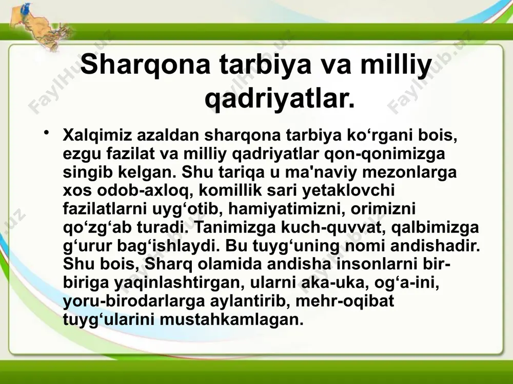 hala tushuncha: sog'lom avlod, ma'naviy barkamol, komil inson - darajama-daraja chuqur ma'no kasb etadi. shundan kelib chiqadigan bo'lsak, komil inson bo'lishning aniq cheki va chegarasi yo'q. bizning ko'hna tariximizda yuzaga kelgan, xalq, mamlakat tarixida katta ma'naviy-axloqiy tarbiya rolini o'ynagan tasavvuf komil inson nazariyasi haqidagi, uni tarbiyalash, voyaga yetkazish haqidagi ta'limot va amaliyot sanaladi. image1.jpeg