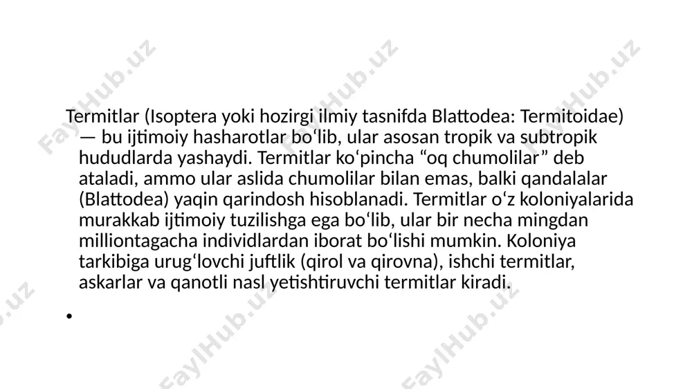 chalaydigan muhim organizmlar hisoblanadi, tuproq sifatini yaxshilashda, o‘simlik moddalarining aylanishida katta rol o‘ynaydi. ularning sistematik o‘rni esa ekologiya va evolyutsion tadqiqotlarda katta ahamiyatga ega. termitlar oʻsimlik qoldiqlari, ayniqsa yogʻoch va sellyuloza moddalarni parchalab, ularni tuproqqa aralashtiradi. bu jarayon tuproq unumdorligini oshiradi hamda uglerod aylanishini ta’minlaydi. uy-joy va infratuzilmalarga zarar yetkazadi aksar termit turlari inson qurilish materiallarini, ayniqsa yog‘ochdan yasalgan uylar, ustunlar va mebellarni yemirib, katta moddiy zarar keltiradi. bu qurilish sohasida jiddiy muammolardan biridir. qishloq xo‘jaligiga salbiy ta’siri ayrim termitlar qishloq xo‘jalik ekinlari, ko‘chatlar va daraxt ildizlariga zarar yetkazib, hosildorlikni kamaytiradi. ular ko‘chatlar ostidagi tuproqni bo‘shatib, ildiz tizimini zaiflashtiradi. xulosa termitlar (isoptera yoki termitoidae) — ijtimoiy hayot kechiruvchi, qattiq qanotli hasharotlar bo‘lib, ular ko‘p sonli turlari va murakkab koloniyaviy tuzilmalari bilan ajralib turadi. ular asosan tropik va subtropik hududlarda tarqalgan bo‘lib, yog‘och, barg, sellyuloza moddalari bilan oziqlanadi. termitlar ierarxik jamiyatda yashaydi: ona termit (qirolicha), erkak termit (qiroli), ishchi va askar …