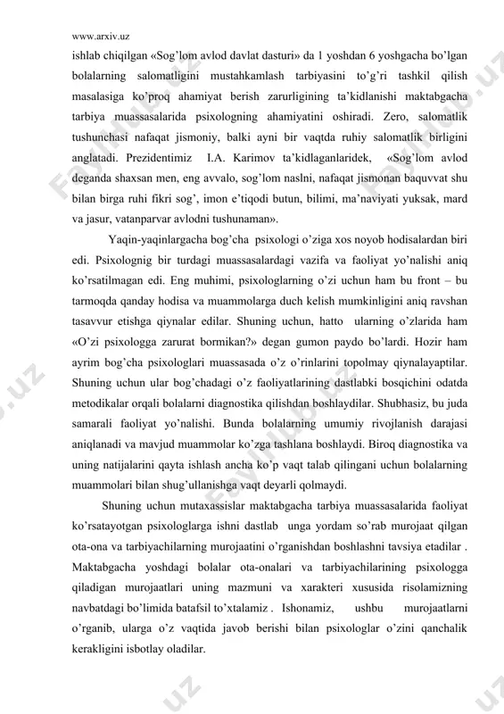 muassasalarida faoliyat ko’rsatayotgan psixologlarga ishni dastlab unga yordam so’rab murojaat qilgan ota-ona va tarbiyachilarning murojaatini o’rganishdan boshlashni tavsiya etadilar . maktabgacha yoshdagi bolalar ota-onalari va tarbiyachilarining psixologga qiladigan murojaatlari uning mazmuni va xarakteri xususida risolamizning navbatdagi bo’limida batafsil to’xtalamiz . ishonamiz, ushbu murojaatlarni o’rganib, ularga o’z vaqtida javob berishi bilan psixologlar o’zini qanchalik kerakligini isbotlay oladilar. maktabgacha tarbiya muassasalari bolalari ota - onalari va tarbiyachilarining psixologga qiladigan murojaati so’nggi yillarda mutaxassislar shunday fikrdaki, ota-onalarning psixologga qiladigan murojaati biroz o’zgarib, aniqroq xarakter kasb etdi. oxirgi paytlarda ota - onalarning amaliy psixolog yordamiga bo’lgan qiziqishi ancha ortdi. psixologning oldiga konsultastiya uchun keladigan ota - onalar sonining ortishi buni isbotlab turibdi. ehtimol, ota - onalar sekin-sekin bola xulq - atvoridagi ko’p narsalarga o’zlari sababchi ekanliklarini tushuna boshlaganliklari, his qila boshlaganliklari tufayli ularda psixologik maslahatga bo’lgan qiziqish ortib bormoqda. balki psixologik maslahatning xalq ta’lim tizimida ommalashishi va ilmiy ommabop adabiyotlarning ko’payib borayotgani ularni o’z …