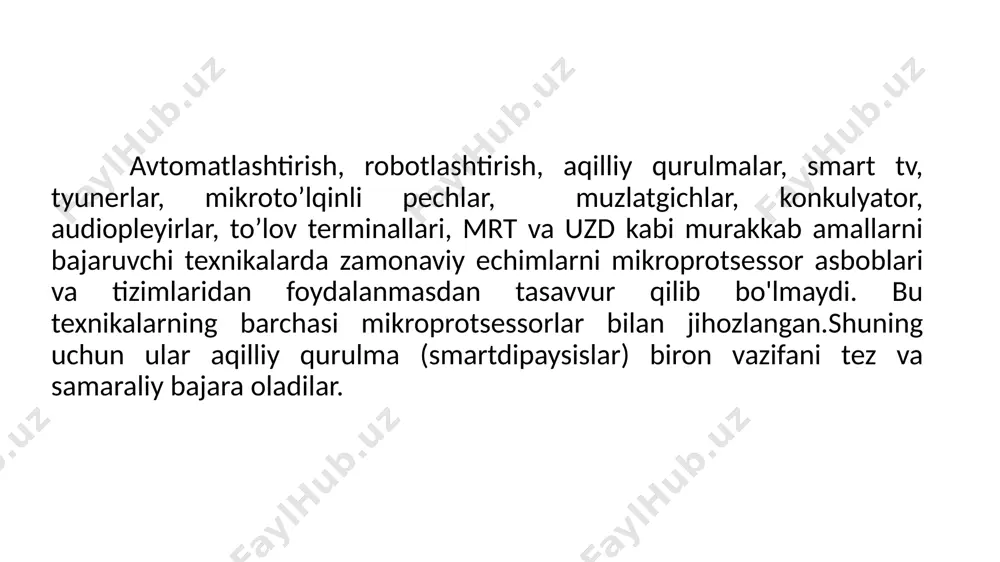 protsessor tarkibiga quyidagi qurilmalar kiradi. boshqarish qurilmasi (bq): mashinani hamma bloklariga kerakli vaqtda aniq boshqarish signallarini shakllantiradi va uzatadi (boshqaruvchi impulslarni), bu signallar bajarilayotgan amal xususiyati va oldingi amallar natijalari bilan belgilanadi; bajarilayotgan amal ishlatadigan xotira yacheykalari adreslarini shakllantiradi va bu adreslarni ehm ni mos bloklariga uzatadi; boshqarish qurilmasi impulslarning tayanchli ketma-ketligini taktli impulslar generatoridan oladi. arifmetik-mantiqny qurilma (amk) — sonli va belgili axborot ustida barcha arifmetik va mantiqiy amallarni bajarish uchun mo’ljallangan (shk larning ba’zi modellarida amallarni bajarilishini tezlashtirish uchun qo’shimcha matematik soprocessor ulanadi). interfeys (interface) — kompyuter qurilmalarini o’zaro moslash va aloqa qurilmalari to’plami bo’lib, ularning o’zaro samarali ishlashini ta’minlaydi. kiritish-chiqarish porti (i/o port) — ulash texnik aviyurasi bo’lib, mikroprotsessorga boshqa qurilmalarni ulash imkonini beradi. taktli impulslar generatori chastotasi shaxsiy kompyuterning asosiy tavsiflaridan biri hisoblanadi va ko’p jihatdan uning ishlash tezligini aniqlaydi, negaki mashinadagi har bir amal ma’lum taktlar soni davomida bajariladi. tizimli shina — kompyuterning asosiy interfeysli …