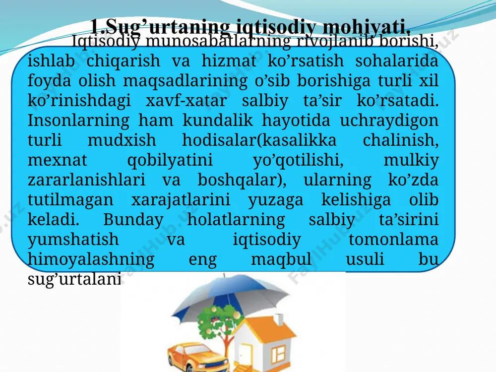 di. sug’urta mukofoti 20 000 so’m sug’urta kompaniyasi sodir bo’lgan sug’urta hodisasi uchun 10 000 000 so’m to’ladi. sug’urta tashkiloti 3. sug’urtaning iqtisodiy kategoriya sifatida asoslanish tamoilllari. tabiiy va boshqa stixiyali hodisalar sodir bo‘lishi natijasida keltirilgan zararlarni qoplash uchun sug‘urta fondlari tashkil etiladi. sug‘urta fondlari tashkil etish manbasiga va foydalanish yo‘nalishiga qarab, uch ko‘rinishda bo‘ladi: o‘z-o‘zini sug‘urtalash fondlari davlatning markazlashgan sug‘urta fondlari sug‘urta yo‘li bilan tashkil etiladigan sug‘urta fondlari суғурта муносабатларидаги атамалар суғурта муносабатларидаги атамалар суғурта муносабатларидаги атамалар суғурта муносабатларидаги атамалар суғурта муносабатларидаги атамалар суғурта муносабатларидаги атамалар sug‘urta fondidan foydalanish bilan bog‘liq atamalarga quyidagilar kiradi: bosh polis- sug‘urta kompaniyasi va sug‘urtalanuvchi o‘rtasidagi yozma bitim. bu bitimga muvofiq, tegishli davr mobaynida sug‘urtalanuvchi barcha ob’ektlarni sug‘urta kompaniyasiga sug‘urtalash uchun beradi. kvotali qayta sug‘urtalash - sug‘urta kompaniyasi qayta sug‘urtalovchi kompaniya bilan kelishgan holda unga risklarni bir qismini beradi. bu operatsiya kvota shartnomasi orqali rasmiylashtiriladi. vositachilik haqi - mijozlarni sug‘urtaga tortganligi uchun sug‘urta kompaniyasi …