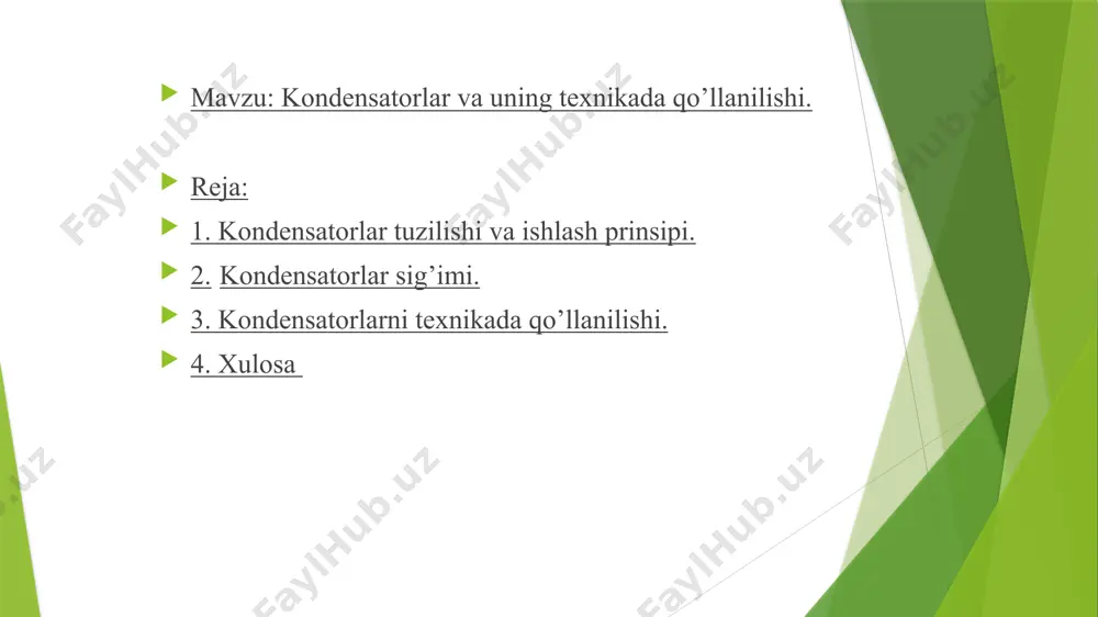 mosiz o'tkazadi. kondensatorni asosan ikkita muhim harakteristikasi bor. sig’imi va ishchi kuchlanishi. kondensator sig’imi elektr zaryadlari. bilamiz, ikki xil turdagi zaryadlar mavjud: musbat zaryad va manfiy zaryad. ma’lumki, bir xil zaryadlar bir-birini itaradi ya’ni uzoqlashadi va turli zaryadlar bir biriga tortishadi. (maktab fizika kursi) keling, yana oddiy kondensator modelini ko'rib chiqaylik. agar biz kondensatorni biror bir, o’zgarmas tok manbaiga ulasak, biz uni zaryad qilamiz. bu vaqtda, ta’minlash manbaining plyusidan kelayotgan musbat zaryadlar bir plastinkaga, ta’minlash manbaini minusidan kelayotgan manfiy zaryadlar boshqa plastinkaga joylashadi. sig’im nima? kondensatorning sig'imi, uning plastinkalarida, elektr maydoni shaklida, zaryadni saqlash qobiliyatidir. sig'im nafaqat kondensatorda bo'lishi mumkin. masalan, shishaning sig’imi 1 litr yoki benzin bakining sig’imi 50 litr va hokazo. biz 1 litr hajmdagi shisha idishga, bu shisha uchun mo'ljallanganidan ko’ra ko'proq sig'dira olmaymiz, to'g'rimi? aks holda, qolgan suyuqlik shunchaki shishaga sig'maydi va undan to’kiladi. xuddi shunday holat, kondansator bilan sodir bo'ladi. biz unga mo’ljallanganidan ortiq zaryad …