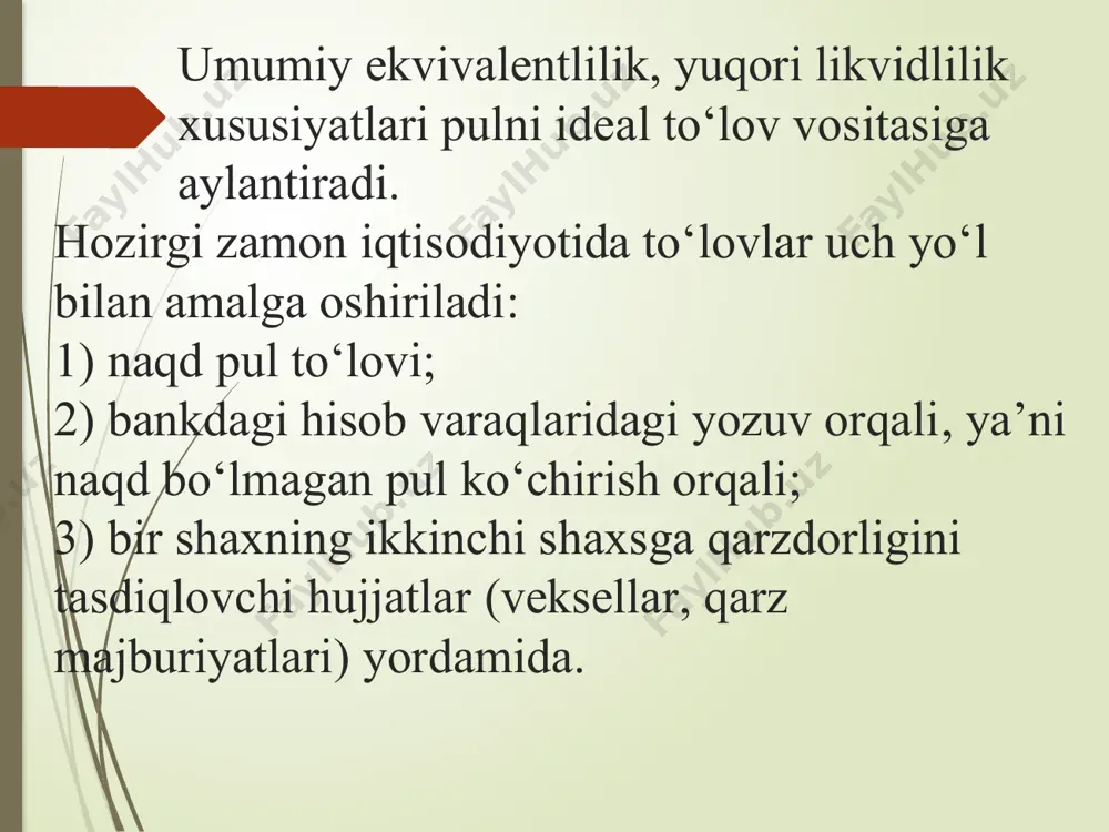 yasi ko‘rsatadiki pulga bo‘lgan talab miqdori foiz stavkasiga bog‘liq. foiz stavkasi naqd pul vositalarini qo‘lda ushlab turishning muqobil xarajatlari miqdorini, ya‘ni, siz foiz olib kelmaydigan naqd pullarni qo‘lda ushlab turgan sharoitda yo‘qotadigan pul miqdorini bildiradi. nonning narxi non talabi miqdoriga ta‘sir qilganidek, naqd pullarni qo‘lda ushlab turish miqdori ham pul zahiralariga talab miqdoriga ta‘sir ko‘rsatadi. shuning uchun foiz stavkasi oshganda, insonlar boyliklarini naqd pul shaklida kamroq ushlab turishga harakat qiladi. real pul zahiralariga talab funksiyasini quyidagi ko‗rinishda yozamiz: м/р = f(r) bu tenglama ko‘rsatayaptiki, pulga bo‘lgan talab miqdori foiz stavkasi funksiyasi ekan. м/р md=f(r) r pulga talab grafigi klassik va keynschilarga xos yondashuvlarni umumlashtirib, pulga talabning quyidagi omillarini ajratib ko‘rsatish mumkin:: 1) daromadlar darajasi; 2) pulning aylanish tezligi; 3) foiz stavkasi. agar klassik nazariya pulga talabni asosan, real daromad hajmi bilan bog‘lasa, keynschilarda esa pulga talab asosan, foiz stavkasiga bog‘liq deb hisoblanadi. pulning aylanish tezligini hisobga olmaganda, real pul qoldig‘iga …