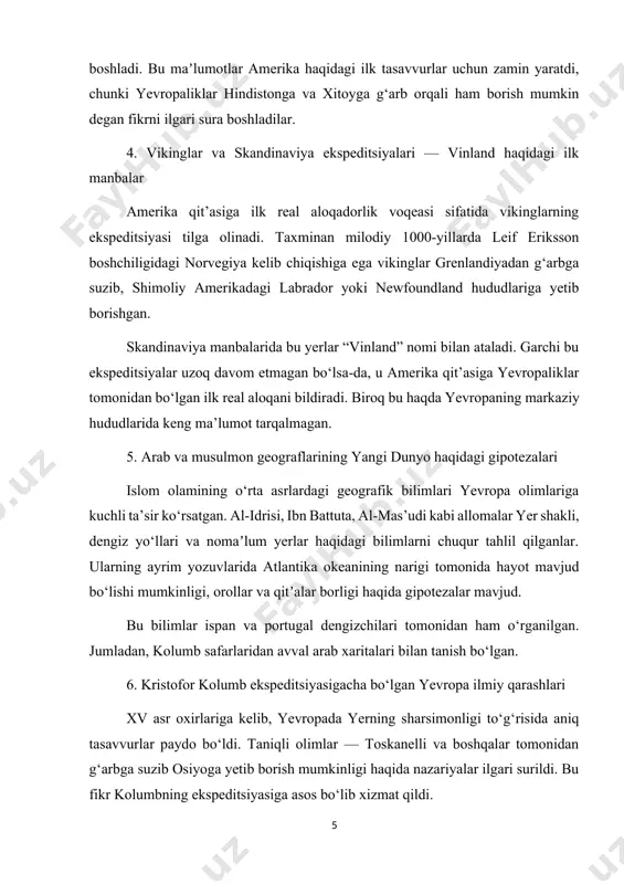 n bo‘lib qoldi. shu bois, kashf etilgan yerlar uzoq vaqt “g‘arbiy hindiston” deb atalgan. hatto, bu yerlar haqiqatan ham yangi qit’a ekanligini tan olish juda qiyin bo‘lgan. 8. amerigo vespucci va yangi qitʼa tushunchasi 1501–1502-yillarda janubiy amerikaga ekspeditsiya uyushtirgan amerigo vespucci bu yerlarning osiyo emasligini, balki butunlay yangi materik ekanligini ilgari surdi. u o‘z maktublarida yangi qit’a haqida batafsil yozib, ilmiy jamoatchilikni bu fikrga ishontira oldi. shu sababli 1507-yilda nemis xaritachi martin waldseemüller yangi qit’ani “america” deb nomladi. bu nom shundan so‘ng keng tarqaldi va bugungi kunda qit’aning rasmiy nomi sifatida qabul qilingan. 9. ilk xaritalarda amerika: toskanelli, waldseemüller va boshqalar geografik tasavvurlarni ifoda etishda xaritalarning ahamiyati katta bo‘lgan. kolumbdan oldin toskanelli tomonidan chizilgan xarita unga ilhom bergan. ammo waldseemüller tomonidan 1507-yilda yaratilgan xaritada ilk bor yangi qit’a — amerika nomi bilan tasvirlangan. keyinchalik gerardus mercator, ortelius kabi kartograflar tomonidan ishlab chiqilgan xaritalar amerika qit’asining real tuzilishini aniqroq tasvirlab berdi. …