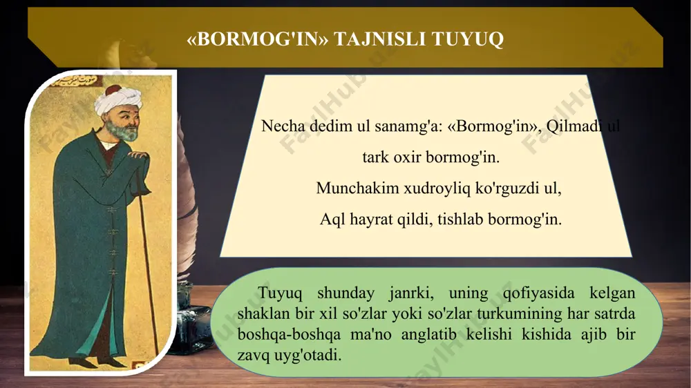 r (yonidan) o'tgani», — degan ma'no uqamiz. 2-misrada buning iloji yo'qligi mantiqan asoslanadi: «u sarvdek tik qomatli gulning yuzidan xabar yo'q». bu yerda endi «gul» istiora sifatida to'g'ridan to'g'ri yorni anglatib kelyapti. «ruxsor» so'zi esa o'z ma'nosida «yuz»ni bildirib turibdi. lekin bunda ham so'z ko'chimi -metonimiyaning «sinekdoxa» degan turi bor: uzv, ya'ni butunning bir bo'lagi («yuz») tilga olinib, amalda butun (ya'ni yor)ning o'zi ko'zda tutilgan. 3-misrada: «yorning hajridan bog' ichra yodimga soladi...» - degan fikr ifodalangan. 4-misrada shoir endi «sarv» va «gul» so'zlarini o'z ma'nosida ishlatadi: «(bog'dagi) sarv - yorning qomatini, gul esa uning yuzi (ruxsori)ni (yodga soladi)». «sarv» so'zi o'zbek mumtoz she'riyatida ko'p qo'lla-nadigan so'z-timsollardan biri hisoblanadi. aslida, u ignabarglilar turkumiga kiradigan archasifat daraxt turini anglatadi. u ingichka bo'lib o'sadi. bo'yi 25 metrgacha yetadi. u, asosan, issiq o'lkalarda ko'p uchraydi. yurtimiz-da ham bir paytlar bo'lgan. masalan, toshkent shahridagi shayx xovand tahur qabri yonida qurib qolgan sarv da-raxtining tanasi saqlangan. …