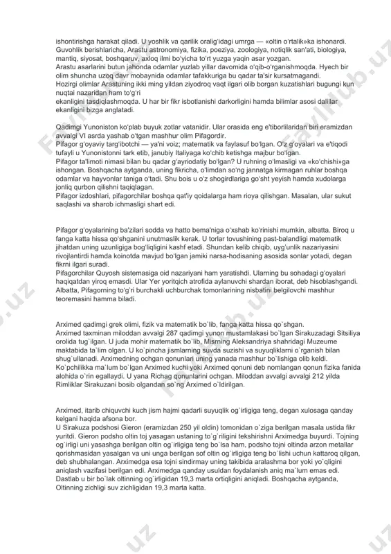 ddiy va murakkab turga bo`linadi. lukrеtsiy kar atom harakatining uchta turini sanab o`tgan. bular- narsaning o`irlikka ega bo`lgani uchun to``ri chiziqli harakati, narsaning o`zicha o`ish harakati, narsaga turtki bo`lgan asosga qaratilgan harakat. lukrеtsiyning nazariyasi mohiyatan sodda bo`lsada tabiatshunoslik rivojiga ulkan ta'sir ko`rsatgan. qadimgi yunoniston falsafasi. reja: 1. yunonistonda dastlabki falsafiy ta’limotlar. 2. geraklit, suqrot, arastu va pifagor falsafasi. 3. eley falsafiy maktabi. 4. sofistlar falsafasi. 5. g`oyalar dunyosi va soyalar dunyosi ta’limotining mohiyati. yevropaliklar uyg‘onish davridan boshlab, besh yuz yil mobaynida qadimgi yunoniston tarixini «insoniyatning oltin asri», deb atab kelmoqdalar. chindan ham, antik madaniyatda hozirgi zamon kishilarini ham rom etayotgan ko‘plab jozibali jihatlar bor. bular — jamiyatning oqilona tuzilganligi, inson va tabiat uyg’unligi, kuchli diniy hissiyotdir. yunonlar g’oyat dindor bo‘lishgan. ularda xudolar ko‘p sonli bo‘lib, bu xudolarga, misrliklardan farqli o‘laroq, insoniy xususiyatlar baxsh etilgandi. bu xudolar mag‘rur va hasadgo‘y, sadoqatli va do‘stparvar bo‘lishgan. bir so‘z bilan aytganda, ular o‘zlarini o‘ylab …