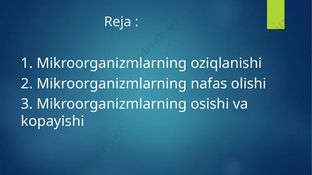 rgi akseptori kislorod bo‘lsa bunday nafas olish aerob nafas olishdir. ko‘pilik mikroorganizmlarda elektronlarning oxirgi akseptori kislorod bo‘lmasdan nitratlar, sulfatlar, karbonatlar kabi anorganik moddalar bo‘ladi. bunday mikroorganizmlarda oksidlanish -qaytarish kislorodsiz muhitda ham sodir bo‘lavermaydi, bu xodisa anaerob nafas olishdir. aerob nafas olishda birinchi fazasida tikarbon kislotalari sikli (kerbs sikli) sodir bo‘ladi, ikkinchi fazasida vodorodning kislorod tomondan oksidlanishi va atf sintezi sodir bo‘ladi va oxirgi maxsulot so2 suv bo‘ladi. mikroorganizmlar ham o`sadi va ko`payadi. o`sish deganda hujayradagi butun kimyoviy moddalarning (oqsil, rnk, dnk va boshqalar) bir-biriga mutanosib tarzda ko`payishga aytiladi. o`sish natijasida hujayraning kattaligi va massasi oshadi. hujayraning kattaligi ma’lum darajaga yetgandan so`ng, u ko`p aya boshlaydi. ko`payish deb mikroorganizmlar hujayra sonining oshishiga aytiladi. ko`payish, o`sish vaqtida, ko`ndalangiga bo`linish yuli bilan, ba’zan esa kurtaklanib yoki spora hosil qilibamalga oshadi. umuman, prokariotlarning ko`ayishi jinssiz binar bo`linib ko`p ayishdir. ko`p ayish jarayonining boshlanishi hujayraning o`zayishidan, nukleoidning ikkiga bo`linishidan boshlanadi, nuklerid — superspirallashgan, zich joylashgan …