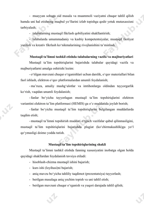 pish, test, munozarali · ilmiy maqola, tezislar va ma’ruza tayyorlash; har bir talaba mustaqil ish bo‘yicha bajaradigan ishining aniq maqsadi va vazifalarini tushunib olishi lozim, bu - keyinchalik talaba tomonidan vazifalarni mustaqil tarzda qo‘ya bilish hamda maqsadlarni tanlash ko‘nikma va malakalarining shakllanishiga asos bo‘ladi. mustaqil ta’limni baholash 1. talabaning har bir fan bo‘yicha o‘zlashtirish darajasi “100 ballik” baholash tizimida amalga oshiriladi, ushbu 100 ball nazorat turlari bo‘yicha taqsimlanadi. imtihon bilan yakunlanadigan fanlar bo‘yicha: umumiy 100 ball = jb-70 (jn60+mt 10)+yan-30; sinov bilan yakunlanadigan fanlar bo‘yicha: umumiy 100 ball=jb (jn80+mt20). bu yerda, jb – joriy baho, jn – joriy nazorat, mt- mustaqil ta’lim, yan- yakuniy nazorat. 2. mustaqil ta’lim bo‘yicha talabalar tomonidan bajarilgan topshiriqlarni baholash tartibi har bir fan bo‘yicha ishlab chiqilgan sillabusda ko‘rsatib o‘tilgan tartib asosida amalga oshiriladi. har bir fan bo‘yicha birinchi mashg‘ulotda talabalar ushbu tartib bilan tanishtiriladi. 3. mustaqil ta’lim bo‘yicha talabalar bilimi joriy, oraliq va yakuniy nazoratlarda …