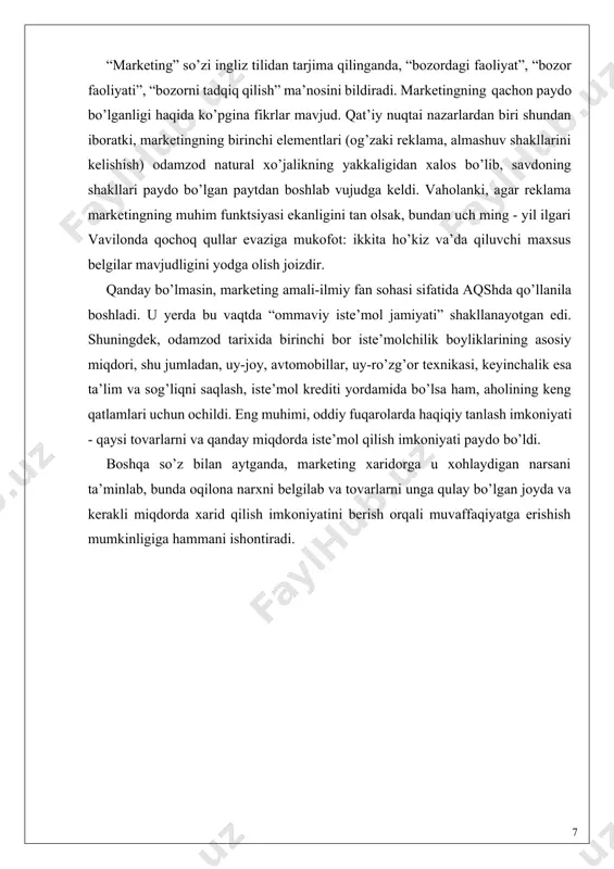 li qatnashchisi, albatta, keng bilimga va ko’nikmalarga ega bo’lishi kerak. tovar ishlab chiqaruvchilarning marketing faoliyati tajribasi quyidagi holatlarni ifodalashga imkon beradi: -marketing faoliyatiga o’tish avtomatik tarzda ro’y berishi mumkin emas. masalan ko’pchilik o’zbekiston korxonalari juda katta tayyorgarlik ishlariga muhtoj. -marketing uslublari asosida ishlarni amalga oshirishning yagona universal sxemasi mavjud emas. marketing yo’nalishi va mohiyati korxonaning faoliyati xususiyatlariga, uning ichki imkoniyatlari va u faoliyat ko’rsatayotgan tashqi sharoitlarga bog’liq holda belgilanadi. · tovarning bozor muvaffaqiyatini ta’minlash bo’yicha faqatgina uni sotish bo’yicha amalga oshiriladigan chora-tadbirlar, odatda, chegaralangan natijalarga olib keladi. shuning uchun korxonaning istiqbolli tovarlarni yaratish bo’yicha g’oyalarni to’plashdan tortib bozor imkoniyatlarini yo’qotgan tovarlarni o’z vaqtida ishlab chiqarishdan olishgacha bo’lgan butun faoliyati marketingga bo’ysundirilgan bo’lishi kerak. · marketing yuqori malakali xodimlar shtatini talab qiladi. fikrlamaydigan ijro etuvchilar o’rniga ijodiy yondashadigan, qo’yilgan vazifalarni yechishning eng samarali yo’llarini izlashga yo’naltirilgan tadbirkor kishilar kerak. -marketing tovar ishlab chiqaruvchilarga bozorga mo’ljallangan xatti- harakatlarning aniq istiqbolini beradi, ushbu …