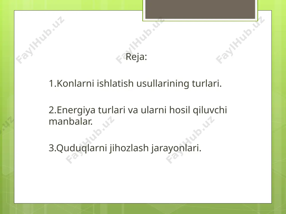 a’ni neftni yuqoriga ko‘tarish u yoki bu mexanizm yordamida amalga oshiriladi. yangi, hali hech qanday mahsulot qazib olinmagan uyumlardagi har bir quduqni ishlatish vaqtini ikki davrga bo‘lish mumkin. har qanday neft yoki gaz uyumi potensial energiyaga ega, bu energiya uyumni ishlash jarayonida kinematik energiyaga o‘tadi va qatlamdan neft hamda gazni siqib chiqarish uchun sarflanadi. tabiiy sharoitlarga va qatlamlarga ta’sir etish tadbirlariga bog‘liq bo‘lgan, qatlam energiyasini namoyon bo‘lishi xususiyatlari uyumni ishlash rejimi deyiladi. uyum rejimlariga nomni qatlam energiyasining asosiy manbalarining namoyon bo‘lish xususiyatlariga qarab beriladi; suv tazyiqli, tarangli yoki tarang suv tazyiqli yoki gaz qalpoqli, erigan gaz va gravitatsion nomlari ishlar jumlasidandir. quduqning tubi qismi konstruksiyasi uning uyumda joylashgan joyi, qatlam togʻ jinslarining litologik va fizik xossalari, qatlamning tepasida gaz va ostida suv mavjudligi va boshka omillarga asosan tanlanadi. qatlam osti suvi boʻlmagan holda quduqni toʻla qatlam qalinligi boʻyicha ochish mumkin (3-quduq). bu holda bu quduq yana 8-10 metrga chukurlashtiriladi va …