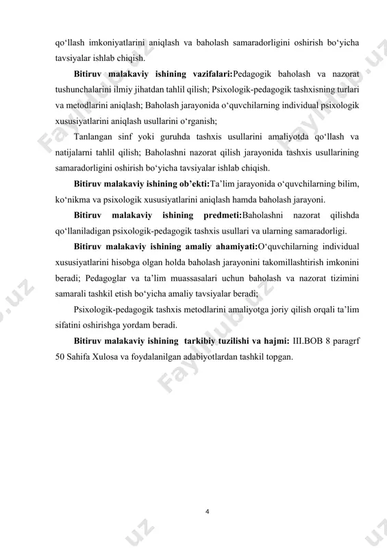 ik yordam ko‘rsatish.[footnoteref:1] [1: abdurahmonov, i. (2012). pedagogik diagnostika metodlari. toshkent: fan.] axborot texnologiyalarining psixologik tashxisdagi roli bir nechta asosiy jihatlardan iborat. birinchi navbatda, ularning yordamida psixologik testlar va so’rovnomalarni tez va samarali tarzda amalga oshirish mumkin. kompyuter texnologiyalari va maxsus dasturlar yordamida, test natijalari avtomatik tarzda qayta ishlanadi va analiz qilinadi. bu jarayon vaqtni tejash va inson omilini minimallashtirishga yordam beradi. bundan tashqari, yangi texnologiyalar inson psixikasini o’rganish uchun yanada chuqurroq va kompleks usullarni qo’llash imkonini beradi, masalan, neyropsixologik testlar yoki miyani skanerlash texnologiyalari. axborot texnologiyalarining qo’llanilishi psixologik tashxisni individual va guruh sifatida amalga oshirishni ham osonlashtiradi. online psixologik testlar va anketalar, masofaviy konsultatsiyalar va virtual diagnostikaga imkon beruvchi platformalar yordamida psixologik yordamni yanada kengroq va ommalashtirilgan tarzda taqdim etish mumkin. shuningdek, psixologlar uchun maxsus ishlab chiqilgan diagnostik dasturlar, testlar va tahlil vositalari orqali ko'plab psixologik xususiyatlarni aniqlash va o'lchashda aniqlikni oshiradi. l. i. vasseringning psixologik tashxisdagi yangi axborot …
