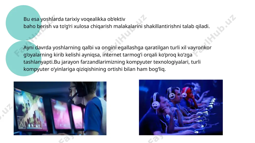 iy axborot-resurs markazlari elektron darslik va milliy o`yinlar bilan bugun global tarmoqqa ulangan internet-kafelar bir paytning o`zida tezkor pochta, ma`lumotlar bazasi, yosh avlod ong-u shuuriga mafkuraviy tazyiq o`tkazadigan turli o`yinlar o`chog`iga ham aylanmoqda. shuning uchun ham ma`rifatparvar bobomiz abdulla avloniyning “agar bir kishi yoshligida nafsi buzilib, tarbiyasiz, axloqsiz bo`lib o`sdimi, bunday kishilardan yaxshilik kutmak erdan turib yulduzlarga qo`l uzatmak kabidir. din va e`tiqodi salomat bo`lmagan kishilar haqni botildan, foydani zarardan, oqni qoradan, yaxshini yomondan ayira olmas, bunday kishilardan na o`ziga va na boshqa kishilarga va na millatga tariqcha foyda yo`qdur”, degan so`zlari bir asr avval millatimiz uchun qanchalik dolzarb bo`lgan bo`lsa, hozir ham o`z ahamiyatini yo`qotgani yo`q. odamlar ma'lum bir o'yinga bag'ishlangan mavzuli oqshomlarni to'plashadi. ko'pgina juftliklar bir-birlarini kompyuter o'yinlari yordamida aniq bilib olishadi, ko'pchilik bunday yaxshi do'stlarni, o'rtoqlarni yoki shunchaki quvnoq kompaniyani topadi. shuning uchun, virtual dunyo haqiqiy bilan chambarchas bog'liqdir. kompyuter o'yinlarming zarari foydadan ko'proq,bunga misol tariqasida:vaqtni o'g'irlaydi,insonni …