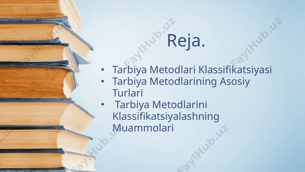 malga oshiriladi. misol: mukofotlash, maqtov, rag‘batlantirish. salbiy metodlar: bu metodlar bolaning xato yoki yomon xulq-atvorini to‘g‘rilash uchun qo‘llaniladi. salbiy ta'sir sifatida jazo, tanbeh yoki boshqa cheklovlar ishlatiladi. misol: jazo, tanbeh, ma'lum bir imtiyozdan mahrum qilish. metodning ob'ektivligi (mazmuni bo‘yicha): axloqiy metodlar fizikaviy metodlar axloqiy metodlar: bu metodlar axloqiy qadriyatlarni rivojlantirishga qaratilgan. ular bolaga yaxshi va yomonni ajratish, to‘g‘ri xulq-atvorni o‘rgatish, jamiyatda hurmatni shakllantirishga yordam beradi. misol: ma'naviy suhbalar, axloqiy hikoyalar, ertaklar. fizikaviy metodlar: bu metodlar fizikal tarbiyani, jismoniy faoliyatni, mehnatni rivojlantirishga qaratilgan. jismoniy tarbiya va mehnat orqali bolalarda kuch, chidamlilik va salomatlikni mustahkamlash maqsad qilinadi. misol: sport o‘yinlari, mehnat ta'limi, jismoniy mashqlar. metodning ta'sir qilish shakli (tarbiyachi va tarbiyalanuvchi o‘rtasidagi munosabat bo‘yicha): to‘g‘ridan-to‘g‘ri ta’sir dolzarb ta'sir (dolzarb, kuchli ta’sir) to‘g‘ridan-to‘g‘ri ta'sir: tarbiyachi o‘z faoliyati orqali to‘g‘ridan-to‘g‘ri ta'sir ko‘rsatadi. bu metodlar, masalan, o‘qitish, savol-javob, nazorat va tanqidni o‘z ichiga oladi. misol: suhbat, izoh, o‘qituvchining rahbarlik vazifasi. dolzarb ta'sir (dolzarb, kuchli ta'sir): …