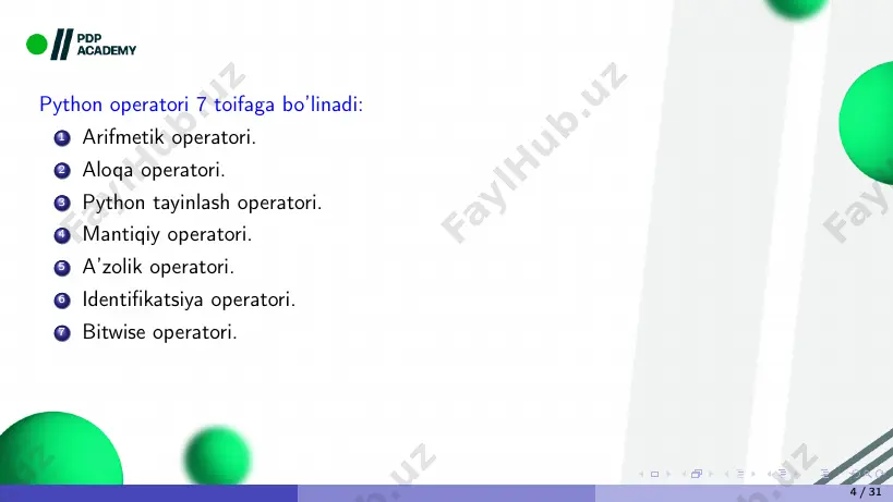 / 31 python bitwise operatorlari: 1 binary and(&) – ikki qiymatda bitma-bit va amalini bajaradi. bu yerda 2 uchun ikkilik 10, 3 uchun esa 11. ularni &-ning natijasida 10, bu 2 uchun ikkilik. xuddi shunday, 1 print (3&4) natija: 2 &-ing 011(3) va 100(4) 000(0) ni beradi. 1 print (2&3) natija: 2 26 / 31 2 ikkilik xor()̂ – u ikkita qiymat bo’yicha bitma-bit xor (eksklyuziv-or) ni bajaradi. bu erda xor-ing 10(2) va 11(3) 01(1) ni beradi. 1 print (2^3) natija: 1 3 bitni bir to‘ldiruvchisi – bu sonning ikkilik to‘ldiruvchisini qaytaradi. u bo‘laklarni aylantiradi. 2 uchun ikkilik 00000010. uning bir to‘ldiruvchisi 11111101. 1 print (~-3) natija: 2 27 / 31 4 ikkilik chapga surish («) – u chap operandning qiymatini o’ng operand ko’rsatadigan joylar sonini chapga siljitadi. bu erda 2 ning binari 10 ga teng. 2«2 uni ikki o’ringa chapga siljitadi. natijada 1000, bu 8 uchun ikkilik. 1 print(2<<2) …