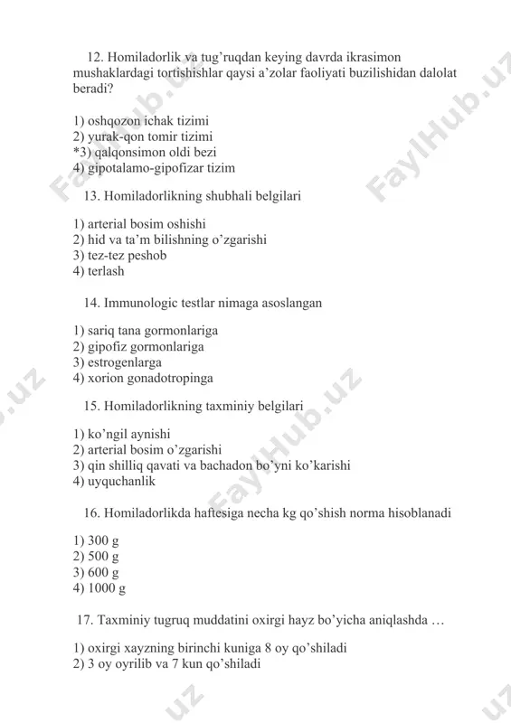 ruq bo’limining sifatsizlik ko’rsatkichi 1) tirik tug’ilish 2) onalar kasallanishi va o’limi 3) perinatal kasallanish va o’lim 4) ona va bolaning tug’ruq jarohatlari 28. yetilgan bola boshining qiyshiq o’lchamlarini ko’rsating 1) kichik qiyshiq o’lchami -8,5 sm 2) kichik qiyshiq o’lchami - 9,5 sm 3) kata qiyshiq o’lchami -13,5 sm 4) o’rta qiyshiq o’lchami -10 sm 29. kichik chonoqqa kirish qismining chegaralari 1) dumgaza do’mbog’i va qovning ichki qismi 2) nomsiz chiziq va qov birikmasi 3) dumg’aza do’mbog’i va qov birikmasining ichki yuzasi 4) nomsiz chiziq va qov birikmaning yuqori qirrasi 30. kichik chanoq kirish qismining old chegarasi 1) qov birikmasi 2) dumg’aza bo’rtig’i 3) qov yoyining ichki yuzasi 4) nomsiz chiziq perinatal yordam asoslari. homiladorlik erta va kechki muddatlari diagnostikasi. homila ahvolini baholash. akusherlik asoratlarini oldini olishda oilaviy poliklinikaning o'rni. sheriklik tug`ruqqa tayyorgarlik. onalar maktabi. mavzu bo'yicha o'rgatuvchi nazorat testlar: 1. maxsus akusherlik-ginekologik tekshirishlarning usullarini ayting 1. qin orqali ikki …