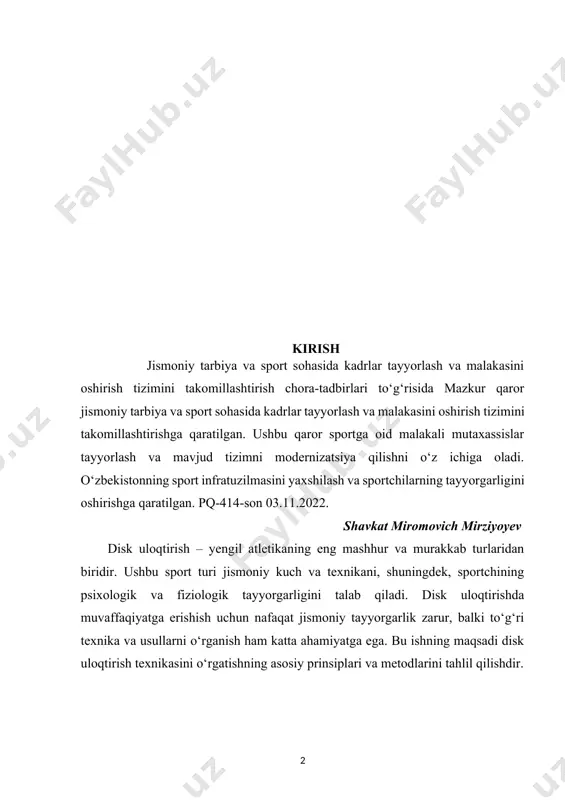 lantirishga katta e’tibor qaratish kerak. disk uloqtirishning asosiy turlarini o‘rgatishda, har bir sportchining individual xususiyatlarini hisobga olish zarur, chunki har bir sportchining jismoniy salohiyati va texnik ko‘nikmalari farq qiladi. bu borada, sportchining muvaffaqiyatiga erishish uchun aniq va samarali metodlar qo‘llanilishi zarur. disk uloqtirish texnikasini o‘rgatishda yuqori darajadagi o‘qitish metodikasi, sportchining tayyorgarlik jarayonini to‘g‘ri yo‘lga qo‘yish va muvaffaqiyatli natijalarga erishishga yordam beradi.disk uloqtirishda sportchilarning jismoniy salohiyatini va texnik mahoratini rivojlantirish uchun maxsus mashqlarni bajarish zarur. shu bilan birga, texnikani mukammal o‘zlashtirish sportchining psixologik holati va motivatsiyasiga ham bevosita bog‘liq. disk uloqtirishda muvaffaqiyatga erishish nafaqat kuch, balki yuqori darajadagi psixologik va emosional tayyorgarlikni ham talab qiladi. sportchilarning ruhiy holatini boshqarish, stressni kamaytirish, o‘ziga ishonchini oshirish va maqsadga erishishga intilishni rag‘batlantirish musobaqalarda muvaffaqiyatni ta’minlaydi. shu sababli, disk uloqtirish texnikasini o‘rgatish jarayonida psixologik tayyorgarlik ham muhim ahamiyatga ega. mavzuning dolzarbligi: disk uloqtirish yengil atletikaning asosiy turlaridan biri bo‘lib, u nafaqat jismoniy salohiyatni, balki yuqori …