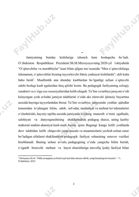 un zarur bo‘ladigan sifatlarni shakllantirish pedagogik faoliyat sohasining ustuvor vazifasi hisoblanadi. buning uchun avvalo, pedagogning o‘zida yangicha bilim berish, o‘zgarib boruvchi mehnat va hayot sharoitlariga muvofiq ijodiy faoliyat bilan shug‘ullana olish ko‘nikmalari tarkib topgan bo‘lishi lozim. shu nuqtai–nazardan respublikamizning birinchi prezidenti i.a.karimov “tarbiyachilarning o‘ziga zamonaviy bilim berish, ularning ma’lumotini, malakasini oshirish kabi paysalga solib bo‘lmaydigan dolzarb masalaga duch kelmoqdamiz. mening fikrimcha, ta’lim –tarbiya tizimini o‘zgartirishdagi asosiy muammo shu yerda. o‘qituvchi o‘quvchilarimizga zamonaviy bilim bersin, deb talab qilamiz. ammo zamonaviy bilim berish uchun, avvalo, murabbiyning o‘zi ana shunday bilimga ega bo‘lishi kerak” deb ta’kidlaydi. umuminsoniy va milliy axloqiy fazilatlar barcha kishilar barcha kasb egalari, jumladan o`qituvchi-tarbiyachilar uchun zaruriy, axloqiy fazilatlar mehnat jarayonida kishining xulqi, fe’l-atvorini tartibga soluvchi qoidalar, davlatning turli qonunlari, me`yorlari va normalari bilan shakllanadi. boshqacha qilib aytganda, ijtimoiy voqelik shaxs oldiga ma`lum axloqiy talablar qo`yadi, bu talablar axloq normasi, axloqiy fazilatlar shaklida ifodalanadi.o`qituvchi umuminsoniyva milliy axloqiy fazilatlarni o`zlashtirib olishi, …