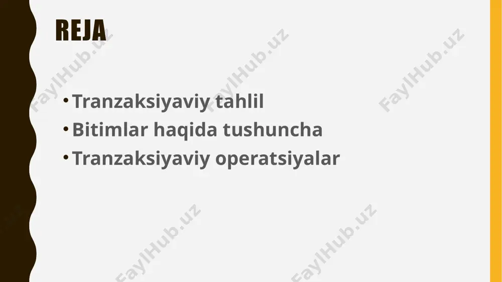 tranzaktsiyalarning uch turi mavjud: to'ldiruvchi yoki parallel - bu bir kishidan kelib chiqadigan stimul boshqasining reaktsiyasi bilan bevosita to'ldiriladigan operatsiyalar. masalan, stimul: "hozir soat necha?", reaktsiya: "olti yarim". bunday holda, o'zaro ta'sir bir xil ego holatlarida (kattalar) odamlar o'rtasida sodir bo'ladi. kesishgan - rag'batlantirish va javob yo'nalishlari kesishadi, bu operatsiyalar janjal uchun asosdir. masalan, er: "mening galstugim qayerda?" deb so'raydi, xotini g'azab bilan javob beradi: "hammasi uchun men doim aybdorman!". bu holatda stimul voyaga yetgan erdan xotinning voyaga yetganiga, reaktsiya esa boladan ota-onaga qaratilgan. yashirin (inglizcha dupleks / yashirin) tranzaktsiyalar odam bir narsani aytganda, lekin ayni paytda butunlay boshqacha narsani anglatganda sodir bo'ladi. bunda aytilgan so'zlar, ovoz ohangi, mimika, imo-ishoralar, munosabat ko'pincha bir-biriga mos kelmaydi. yashirin operatsiyalar psixologik o'yinlarning rivojlanishi uchun asosdir. psixologik o'yin nazariyasi erik bern tomonidan "odamlar o'ynaydigan o'yinlar" kitobida tasvirlangan. o'yin tahlili tranzaksiya tahlilchilari tomonidan qo'llaniladigan usullardan biridir. transaksiyaviy tahlil nazariyasining asoslari erik bern va boshqa bir …