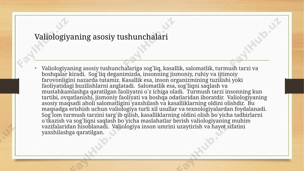 muassasalarida valiologiya bolalar va o`smirlarning sog`lom turmush tarzini shakllantirishga qaratilgan. sportda valiologiya sportchilarning salomatligini mustahkamlash va jarohatlardan himoya qilishda qo`llaniladi. bundan tashqari, valiologiya ishlab chiqarish korxonalarida, mehnat sharoitlarini yaxshilash va ishchilarning sog`ligini saqlashda qo`llaniladi. valiologiya yutuqlari jamiyat salomatligini yaxshilash va insonlarning umrini uzaytirishga katta hissa qo`shadi. valiologiya amaliyotini kengaytirish uchun yangi usullar va texnologiyalar qo`llanilmoqda. valiologiyaning amaliy qo`llanilishi sog`lom turmush tarzini shakllantirish valiologiyaning asosiy vazifalaridan biridir. sog`lom turmush tarziga to`g`ri ovqatlanish, jismoniy tarbiya va ruhiy sog`liqni saqlash kiradi. to`g`ri ovqatlanish organizm uchun zarur bo`lgan vitaminlar va minerallarni ta`minlaydi. jismoniy tarbiya esa, organizmning chidamliligini va immunitetini oshiradi. ruhiy sog`liqni saqlash esa, stress va depressiyadan himoya qiladi. sog`lom turmush tarzini shakllantirish uchun odamlarning sog`liqni saqlash bo`yicha bilim va ko`nikmalarini oshirish kerak. sog`lom turmush tarzini targ`ib qilish bo`yicha keng miqyosli tadbirlar amalga oshirilmoqda. aholi orasida sog`liqni saqlash bo`yicha bilimlarni oshirishga qaratilgan ishlar olib borilmoqda. sog`lom turmush tarzini shakllantirish insonlarning umrini uzaytirish va hayot …