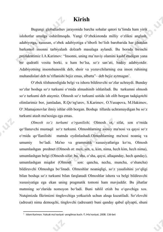 sohalari) bor: umumiy tilshunoslik — tilni umuman insonga xos hodisa sifatida oʻrganuvchi, asosiy vazifasi dunyo tillariga xos eng umumiy belgi-xususiyatlarni aniqlash va yoritish boʻlgan soha; xususiy tilshunoslik— ayrim bir til belgi-xususiyatlarini oʻrganuvchi soha; amaliy tilshunoslik — tildan foydalanish bilan aloqador amaliy masalalarni (eksperimental fonetika, leksikografiya, lingvostatistika, transkripsiya, transliteratsiya va boshqalar) hal qilish metodlarini ishlab chiquvchi yoʻnalish; matematik lingvistika, strukturaviy tilshunoslik, qiyosiy-tarixiy tilshunoslik va boshqa paralingvistika, etnolingvistika, psixolingvistika, sotsiolingvistika kabi sohalar soʻzlovchi (shaxs)ning jamiyatdagi faoliyati bilan aloqador til xususiyatlarini oʻrganadi. shuning uchun muhtaram prezidentimiz sh.m.mirziyoyev “hayotimizga katta kuch bo‘lib kirayotgan yangi avlodimizni kamol toptirish uchun davlatimiz tomonidan barcha imkoniyatlar safarbar etiladi” – degan edilar[footnoteref:2]. [2: mirziyoyev sh.m. milliy taraqqiyot yo’limizni qat’iyat bilan davom ettirib, yangi bosqichga ko‘taramiz.- t.: o‘zbekiston, 2017. 25-b] muammoning o‘rganilish darajasi. o‘zbek tili birliklarini (jumladan, barcha so‘z turkumlariga oid lug’aviy birliklarni) fonetik, fonologik, morfologik, leksik, semantik, stilistik, pragmatik jihatdan o‘rganish keng ko‘lamda amalga oshirilmoqda. binobarin, bu borada hal …