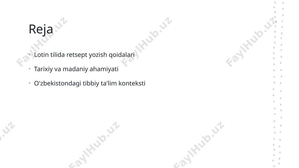 i. 1 lotin tilining kelib chiqishi lotin tili qadimgi rimda rivojlangan va tibbiyotda asosiy terminologiya manbai bo'lib, ko'p asrlar davomida ishlatilmoqda. 2 retsept yozish amaliyoti retsept yozish jarayoni lotin tilida o'ziga xos qoidalar asosida amalga oshiriladi, bu esa tibbiy bilimlarni aniq va tushunarli ifodalashga yordam beradi. 3 tarixiy rivojlanish lotin tilidagi retseptlar o'rta asrlarda rivojlanib, tibbiyotda standartlarga aylangan. ular tibbiy amaliyotda ishonchli manba sifatida qabul qilinadi. 4 tibbiyotdagi o'rni lotin tilida yozilgan retseptlar dorilarni aniq belgilash va tibbiy terminologiyani birlashtirishda muhim rol o'ynaydi, bu esa kasalliklarni davolashda yordam beradi. madaniy kontekstda lotin tilining tibbiyotda ishlatilishi va ahamiyati. lotin tilining tarixi lotin tili qadimiy davrlardan boshlab tibbiyotda muhim o‘rin tutgan. tibbiyot terminologiyasi asosan lotin tilida shakllangan, bu esa an'anaviy bilimlarni saqlaydi. madaniy ahamiyati lotin tili tibbiyotda nafaqat texnik soha, balki madaniyat va tarixni birlashtiradi. u xalqaro kommunikatsiya va tibbiy ma'lumotlar almashinuvi uchun zarurdir. o'zbekistondagi roli o'zbekistonda lotin tilida retsept yozish an'analari, …