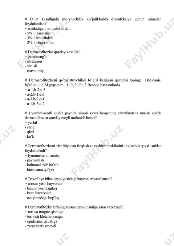 ib, qalinlashgan po’stlar paydo bo’ladi? + nutriyalarda - quyonlarda - norkalarda - barchasida # qaysi hayvonlarga trixofitiya yuqqanda ko’p hollarda tumshug’i va bosh qismi zararlanadi va bir qancha vaqtdan keyin boshqa joylariga ham tarqaladi? + quyonlarda - ayiqlarda - kiyiklarda - tulkilarda # quyonlarda trixofitiya kasalligi qanday kechadi? + avval bosh va tumshug’i zararlanib keyin tanasiga tarqaydi - butun tanasiga tarqab eksudat ajratadi - juni tukilib qoladi va yaralar paydo boladi - quyonlarda uchramaydi # norkalarda kasallik qanday kechadi? + giperemiya bo’lib, teri qalinlashadi va qazg’oq ajralib turadi, ekssudat ajralib, qalinlashgan po’stlar paydo bo’ladi - junlari tukilib qoladi, faqat qorin qismida uchraydi - norkalar kasallanmaydi, majburiy yuqtirilganda tumshug’i va bosh qismi zararlanib keyin tanasiga tarqaladi - norkalar kasallanmaydi # trixofitiya kasalligi klinik jihatdan necha xil bo’ladi? + 3 xil - 4 xil - 2 xil - faqar bitta turi bor # trixofitiya kasalligida ltf-130 preparati qanday maqsadda qo’llaniladi? + davolash …
