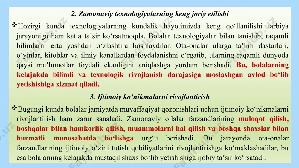 muvofiq yondashadilar, ularni hurmat qilish, mehnatsevarlik va kamtarlik kabi xususiyatlarga o'rgatadilar. 4. asal to'yi kelin va kuyovning to'yidan keyin, bir necha hafta o’tgach, "asal toyi" o’tkaziladi. bu marosimda, kelin va kuyov birinchi marta oilaviy hayotda ko'rinadi va ular uchun yangi uyga kirish marosimlari o'tkaziladi. 5. tadbirlar va bayramlar o'zbek oilalarida milliy bayramlar, masalan, navro'z va qurbon hayiti katta tantana bilan nishonlanadi. bu tadbirlarda oilalar bir joyda to'planib, birgalikda vaqt o'tkazadilar. 6. yoshlarning ahamiyati yoshlar oilaning kelajagi hisoblanadi. ota-onalar o'z farzandlarini yaxshi tarbiyalash va ta'lim berishga harakat qilishadi. oilalarda o'zaro hurmat va sevgiga asoslangan muhit mavjud. 7. urf-odatlar va an'analar o'zbeklar o'z urf-odatlariga juda e'tibor berishadi. masalan, qizning ko'ylagini yig'ish, qizni olish jarayonida to'y mehmonlaridan foydalanish kabi an'analar mavjud. ushbu urf-odatlar o'zbek oilalarida o'ziga xos ahamiyatga ega bo'lib, xalqning madaniyatini saqlab qolishga yordam beradi. agar sizga boshqa an'analarga yoki ma'lum bir urf-odatga qiziqish bildirayotgan bo'lsangiz, iltimos, ayting! marosimlar — bu ijtimoiy, …