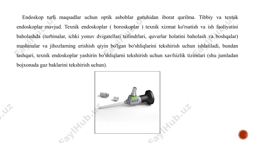 i va ko'rsatilgan . qo'shimcha fotonlar sensor yuzasiga urilganda, qo'shimcha erkin elektronlar va qo'shimcha mos keladigan teshiklar yaratiladi. sensori barpo ayblovlar ccd tushgan nur miqdori to'g'ridan-to'g'ri proportsional bo'ladi. bundan tashqari, bu ayblovlar sensorga tushadigan yorug'lik rangidan qat'i nazar yaratiladi. fotoelektrik ta'sir. a, fotosensitiv sirt. b, yuzasiga topsa photons elektronlar ozod, moddiy ichida ayblovlar barpo ishlab. c, yorug'lik ta'siridan keyin zaryadlar qoladi. tasvirni olish va o'qish chiziqli uzatish zaryadlari bilan bog'langan qurilma (ccd). haqiqiy endoskopik ccd bir necha yuz ming pikselni o'z ichiga olgan bo'lsa-da, soddaligi uchun tasvirlangan massivda 64 ta piksel mavjud bo'lib, ular 8 qatorli 8 ustunli matritsada joylashgan. a, shilliq qavatning tasviri ccd ning fotosensitiv yuzasida aks ettirilgan. xulosa yuqorida ta’kidlanganidek, endoskopik uskunalar insonning ichki organlarini tekshirish va davolash uchun ishlatiladi. maxsus qurilma - endoskop - tabiiy teshiklar yoki sun'iy kesmalar orqali kiritiladi. endoskopiya yordamida ichki organlar tekshiriladi, bo'shliq yuviladi va suyuqlik yoki havo bilan to'ldiriladi, neoplazmalar chiqariladi, …