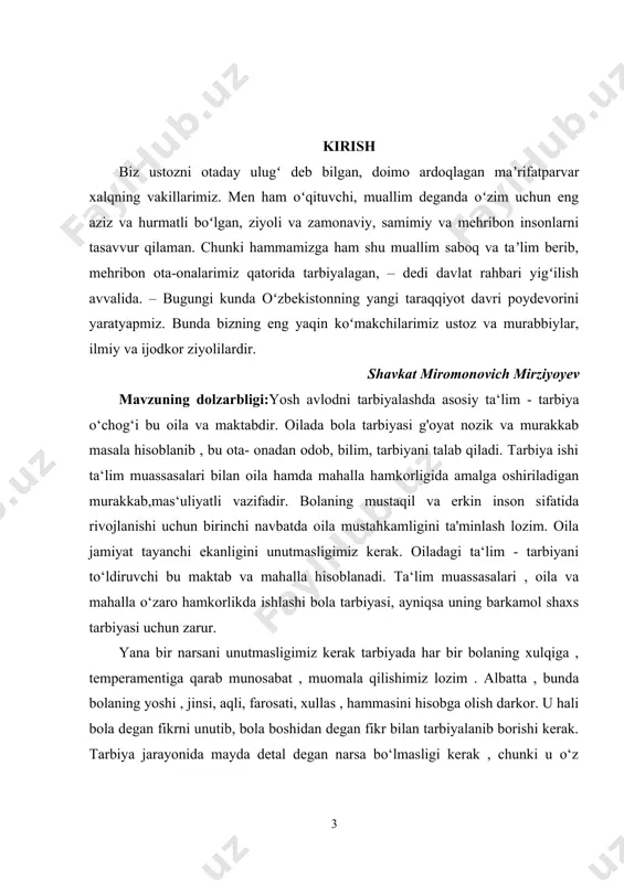 lim, tarbiyani talab qiladi. tarbiya ishi ta‘lim muassasalari bilan oila hamda mahalla hamkorligida amalga oshiriladigan murakkab,mas‘uliyatli vazifadir. bolaning mustaqil va erkin inson sifatida rivojlanishi uchun birinchi navbatda oila mustahkamligini ta'minlash lozim. oila jamiyat tayanchi ekanligini unutmasligimiz kerak. oiladagi ta‘lim - tarbiyani to‘ldiruvchi bu maktab va mahalla hisoblanadi. ta‘lim muassasalari , oila va mahalla o‘zaro hamkorlikda ishlashi bola tarbiyasi, ayniqsa uning barkamol shaxs tarbiyasi uchun zarur. yana bir narsani unutmasligimiz kerak tarbiyada har bir bolaning xulqiga , temperamentiga qarab munosabat , muomala qilishimiz lozim . albatta , bunda bolaning yoshi , jinsi, aqli, farosati, xullas , hammasini hisobga olish darkor. u hali bola degan fikrni unutib, bola boshidan degan fikr bilan tarbiyalanib borishi kerak. tarbiya jarayonida mayda detal degan narsa bo‘lmasligi kerak , chunki u o‘z o'rnida g'oyat muhim bo'lishi mumkin." bolani faqat u bilan gaplashganda , nasihat qilganda yoki unga biror narsa buyurgandagina tarbiyalayman deb o‘ylamang. siz bolani turmushingizning har …